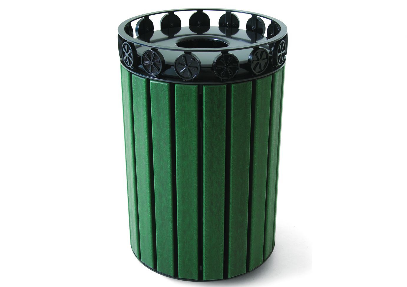 Charleston Receptacle with green recycled plastic planks and black powder-coated decorative rosettes on top rim