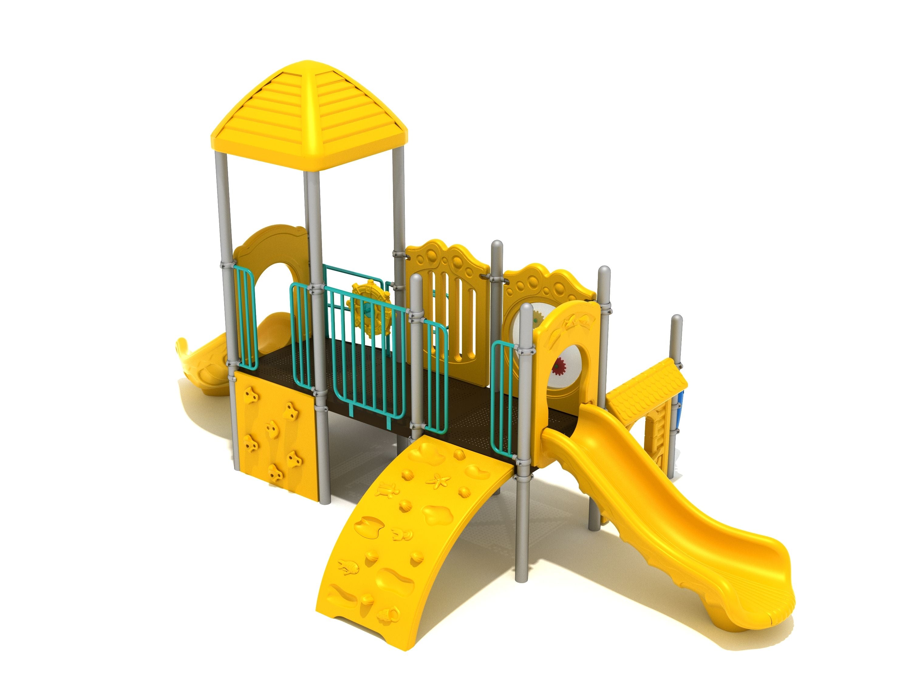 Yellow commercial playground with straight and curved slides, rock wall, sea-creature climber, ship's wheel, and roofed deck.