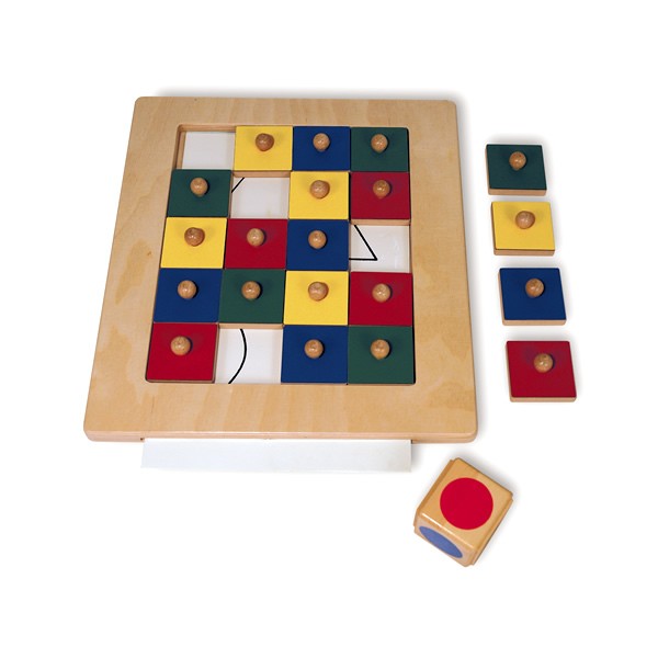 Picture Completion game by WillyGoat Playground with wooden board, colorful removable tiles, and color-coded die for interactive play