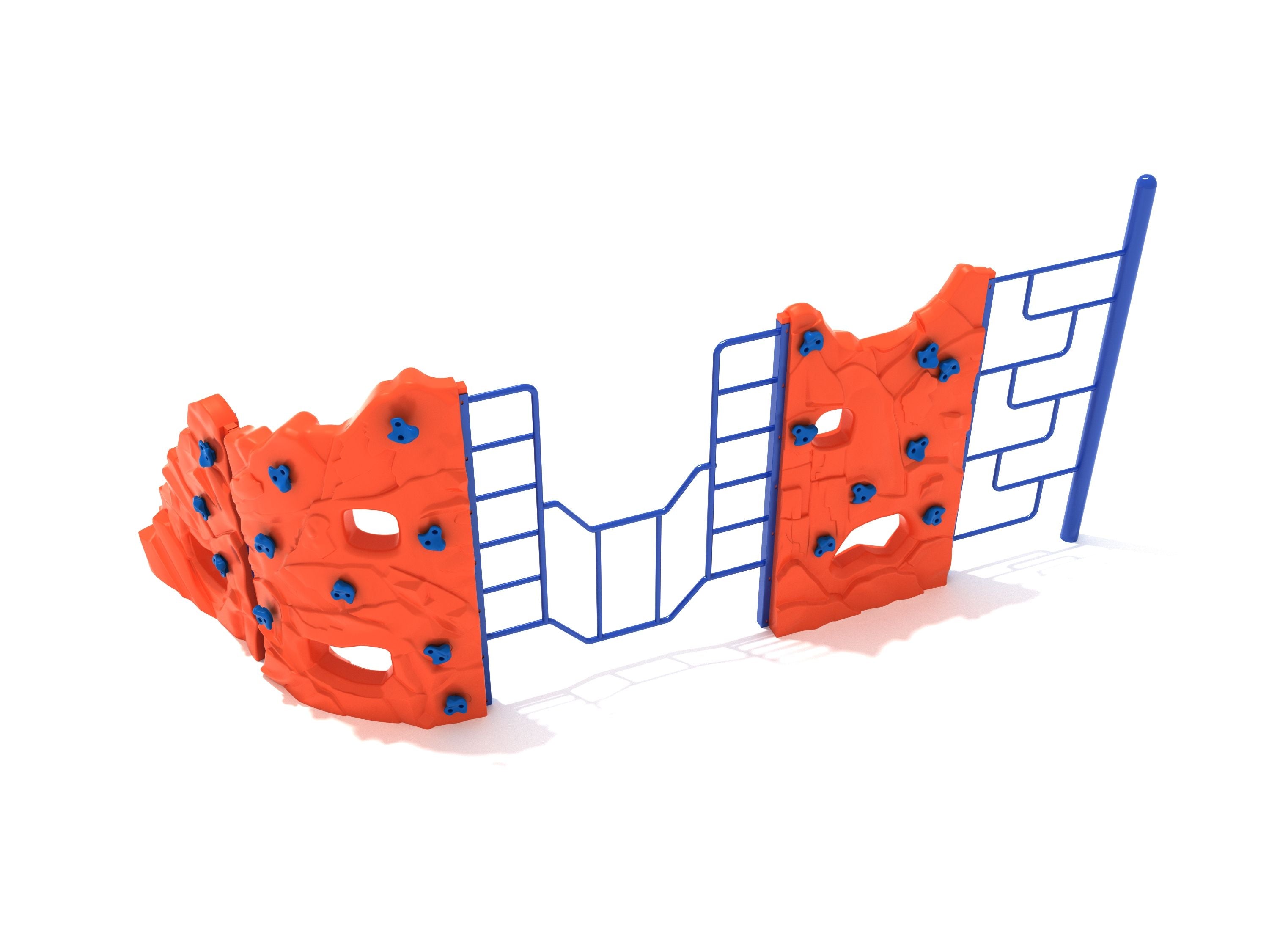 Outdoor climbing playground with orange rock walls and blue metal Geo Ladders for active children's play and exploration