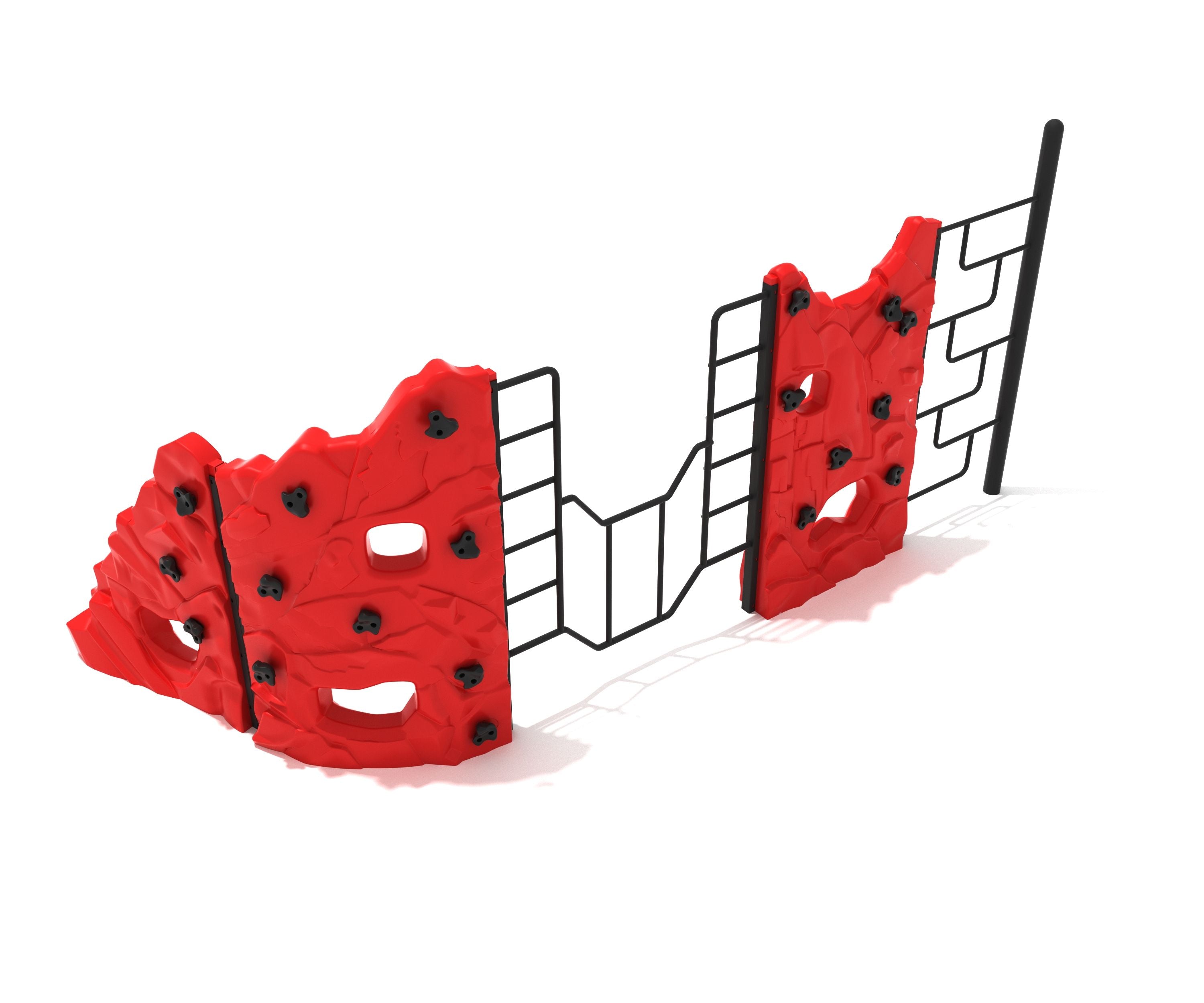 Red climbing playground structure with black metal geo ladders and straight rock walls for active outdoor play