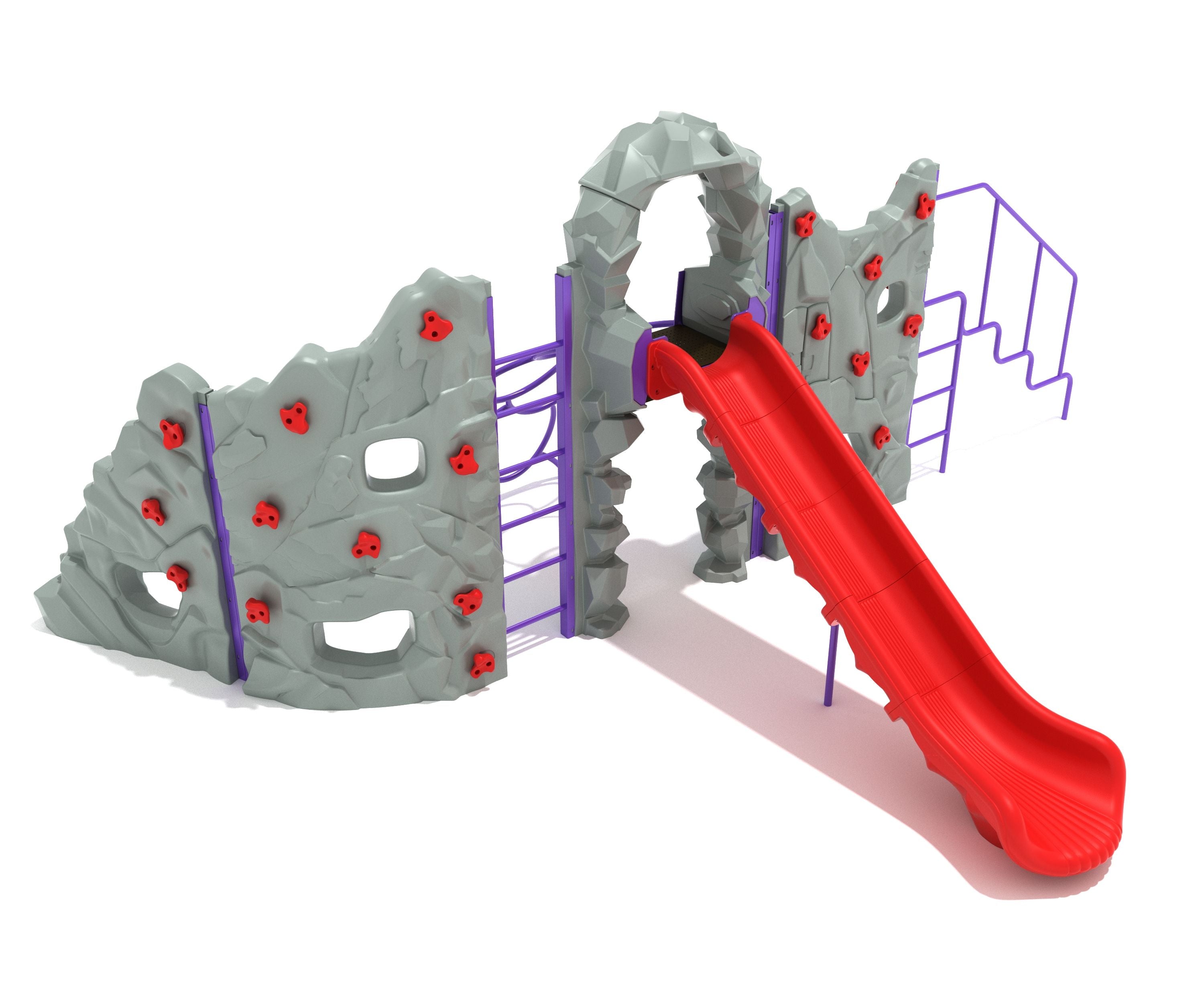 Craggy Summit Playground Climber with gray rock wall panels, red climbing holds, purple metal bars, and bright red slide