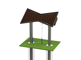 Outdoor tenor marimba with 13 dark brown fiberglass keys, steel posts, and two mallets on green ground