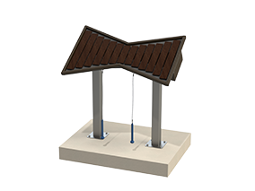 Outdoor tenor marimba with 13 dark brown coated fiberglass keys on steel posts mounted on concrete base with two mallets