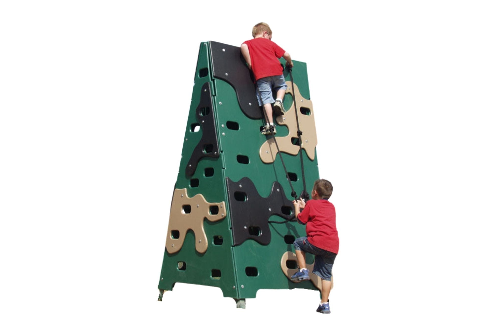 Camo Climber Challenge with green, tan, and black climbing panels and ropes, two boys climbing outdoors on fitness course equipment