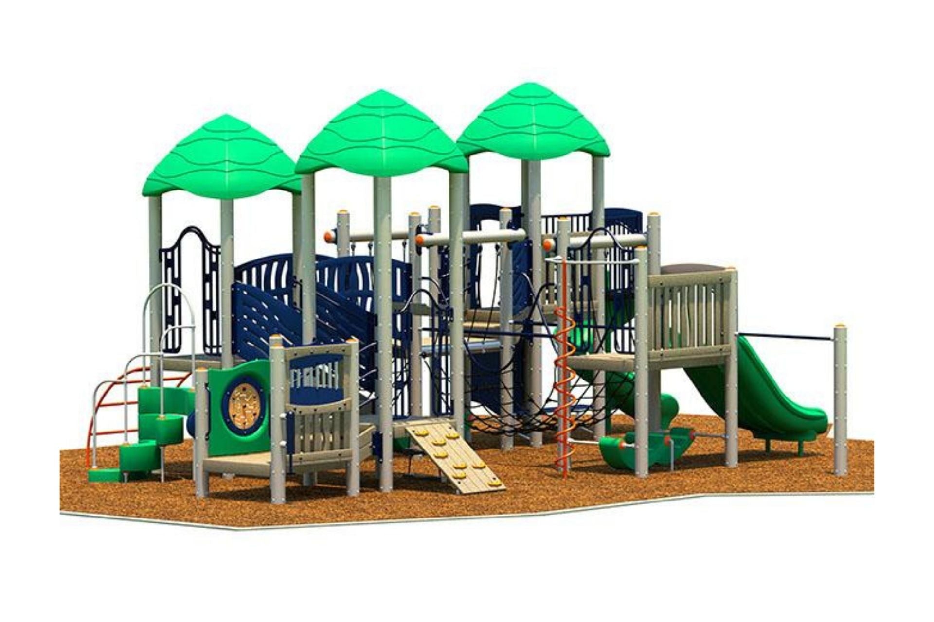 Canopy Play System with green leaf-shaped canopies, duo and spiral slides, climbing features, ADA accessible, wood chip ground