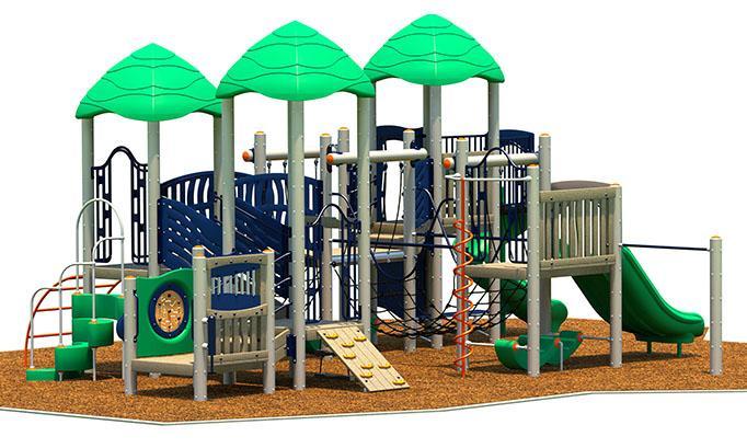 Colorful playground structure with green leaf-shaped canopies, duo and spiral slides, climbing walls, and rope elements on mulch surface