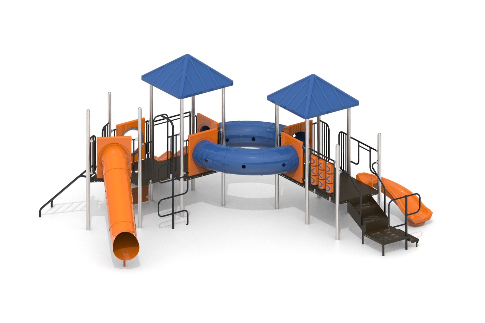 Outdoor playground with blue pyramid roofs, orange slides, tube tunnel, climbing walls, and tic tac toe panel