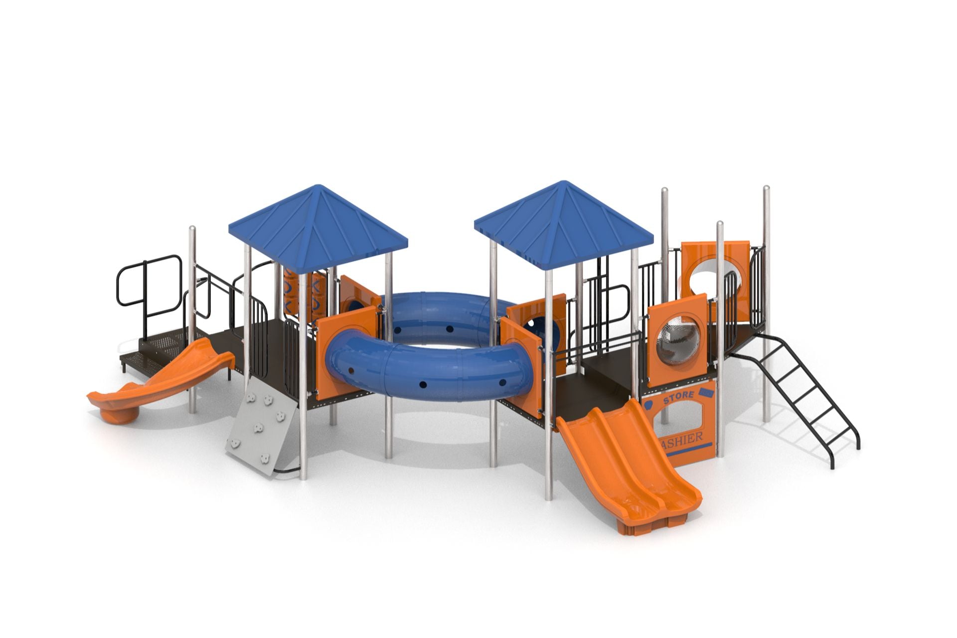 Outdoor playground with blue pyramid roofs, orange slides, climbing walls, crawl tunnel, and interactive play panels
