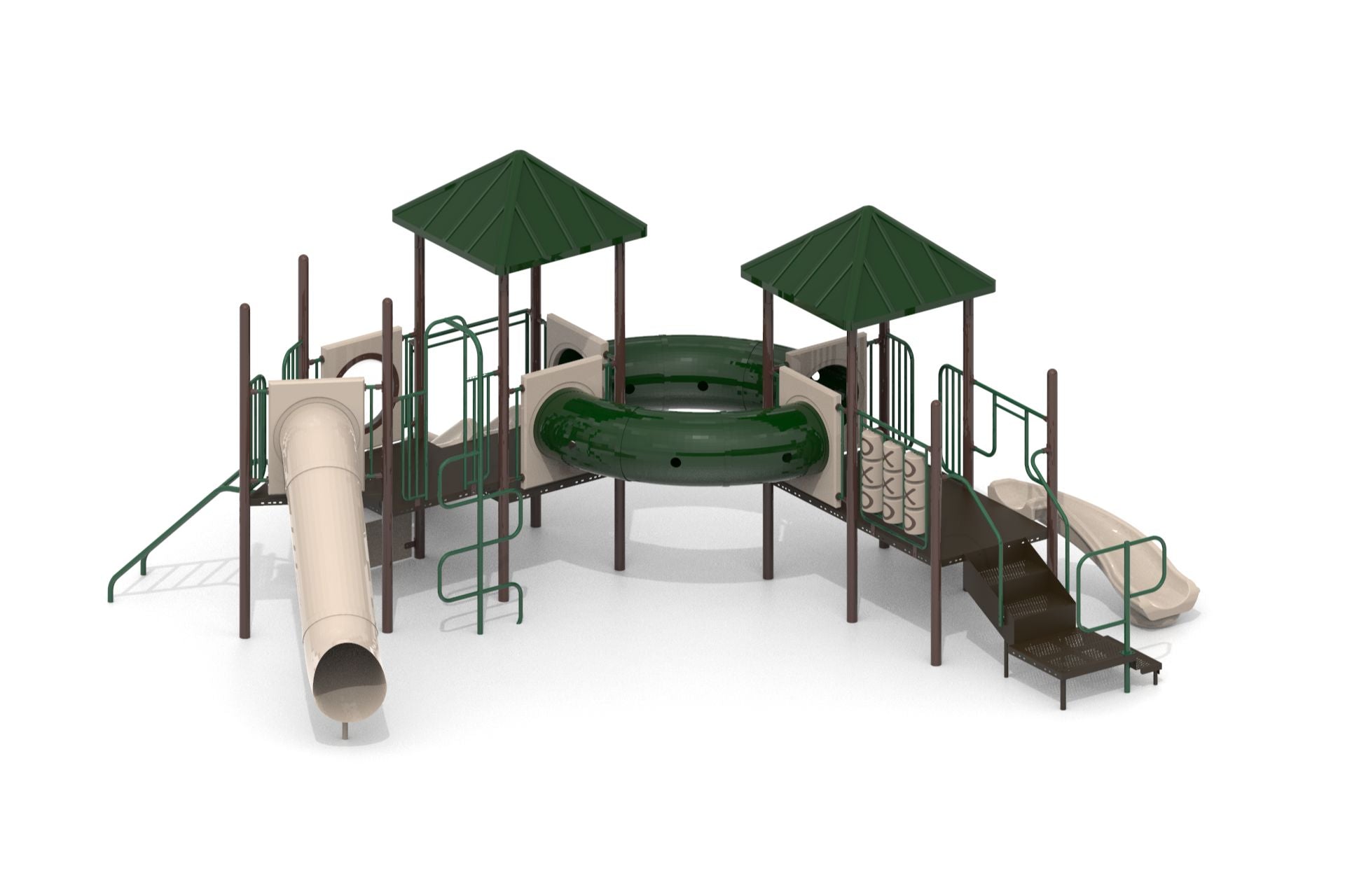 Outdoor playground with two green pyramid roofs, beige slides, crawl tunnel, climbers, and tic tac toe panel