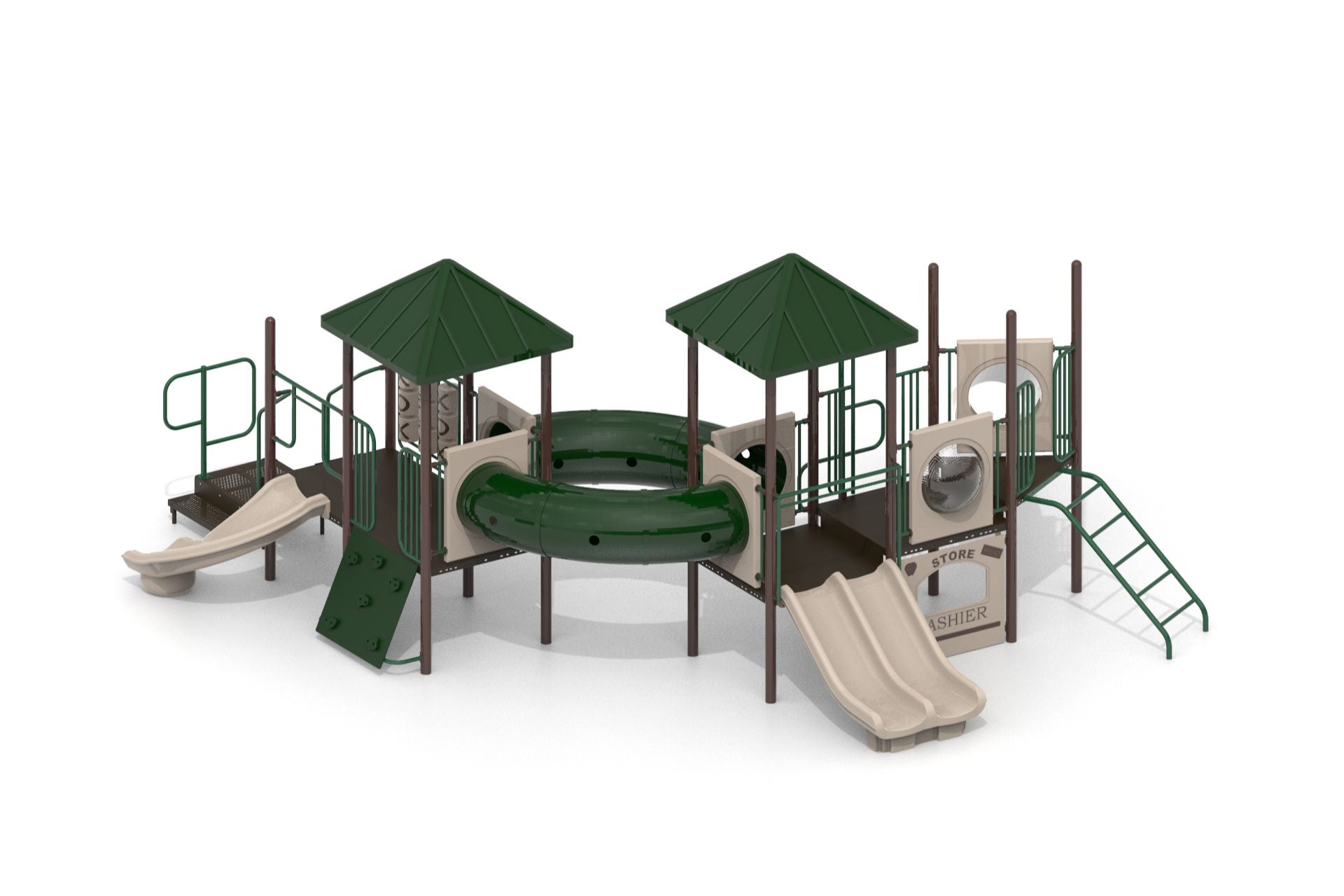 Capitol Reef WillyGoat Playground with green pyramid roofs, tan curved slides, tube tunnel, arch climber, and play panels