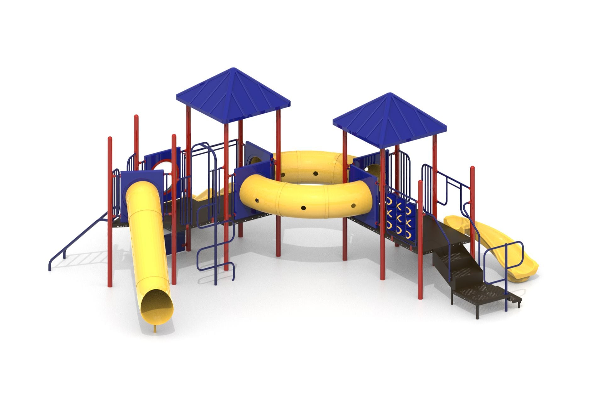 Colorful playground structure with two blue pyramid roofs, yellow tube slides, crawl tunnel, tic tac toe panel, and climbing elements