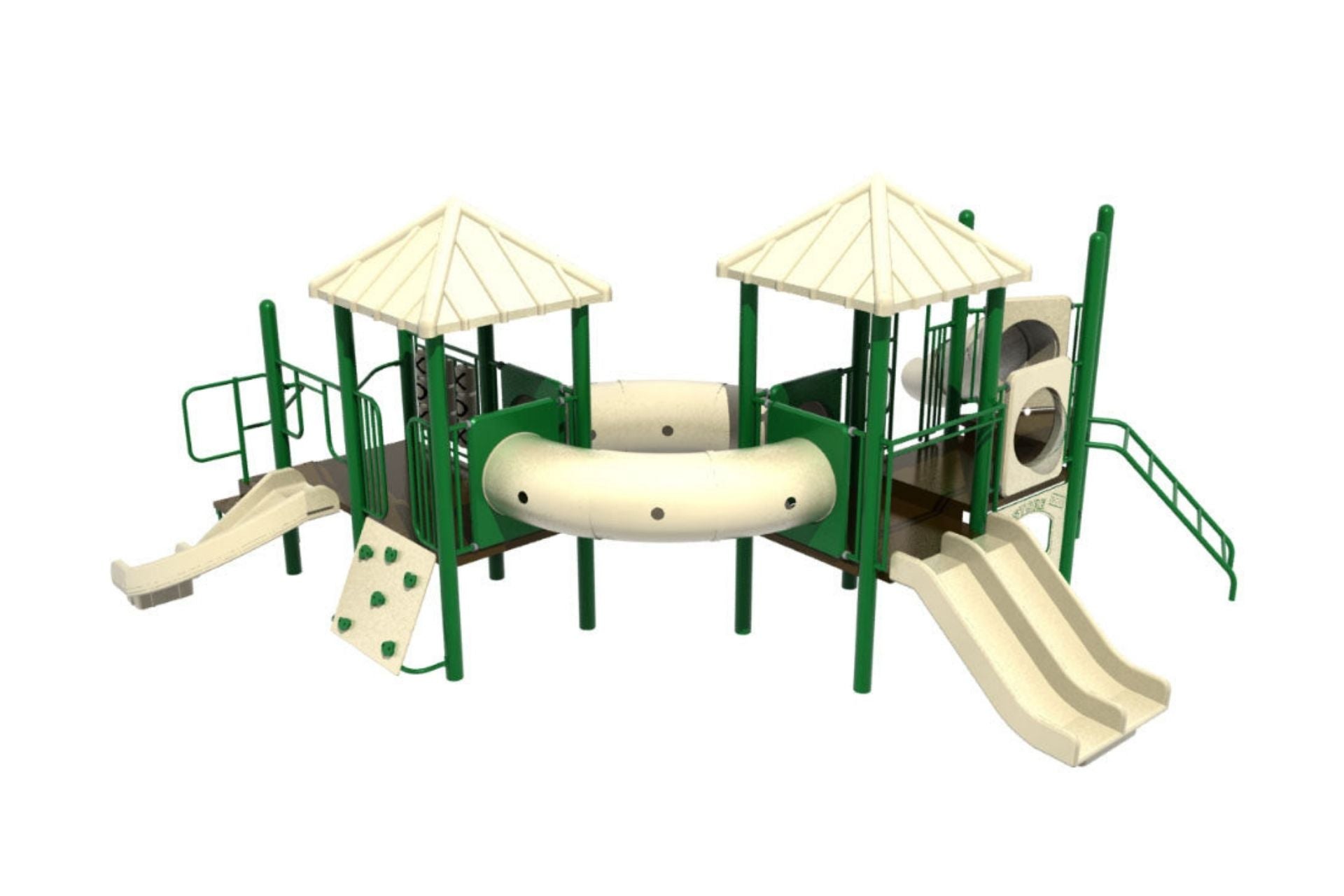 Playground with two pyramid roofs, green posts, beige slides, crawl tunnel, climbing wall, and activity panels