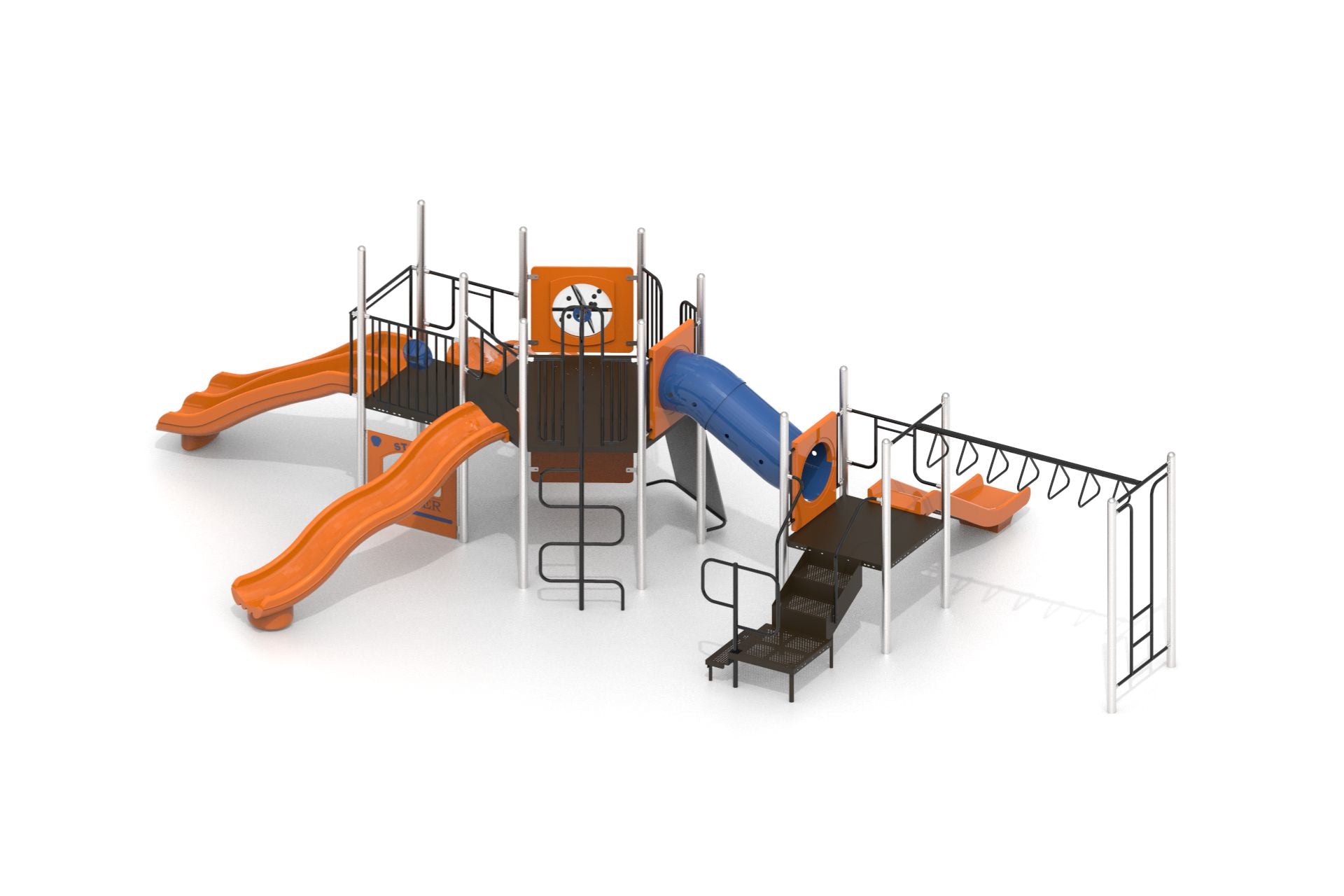 Elevated playground structure with orange bump wave slides, blue tube slide, climbing walls, monkey bars, and interactive panels