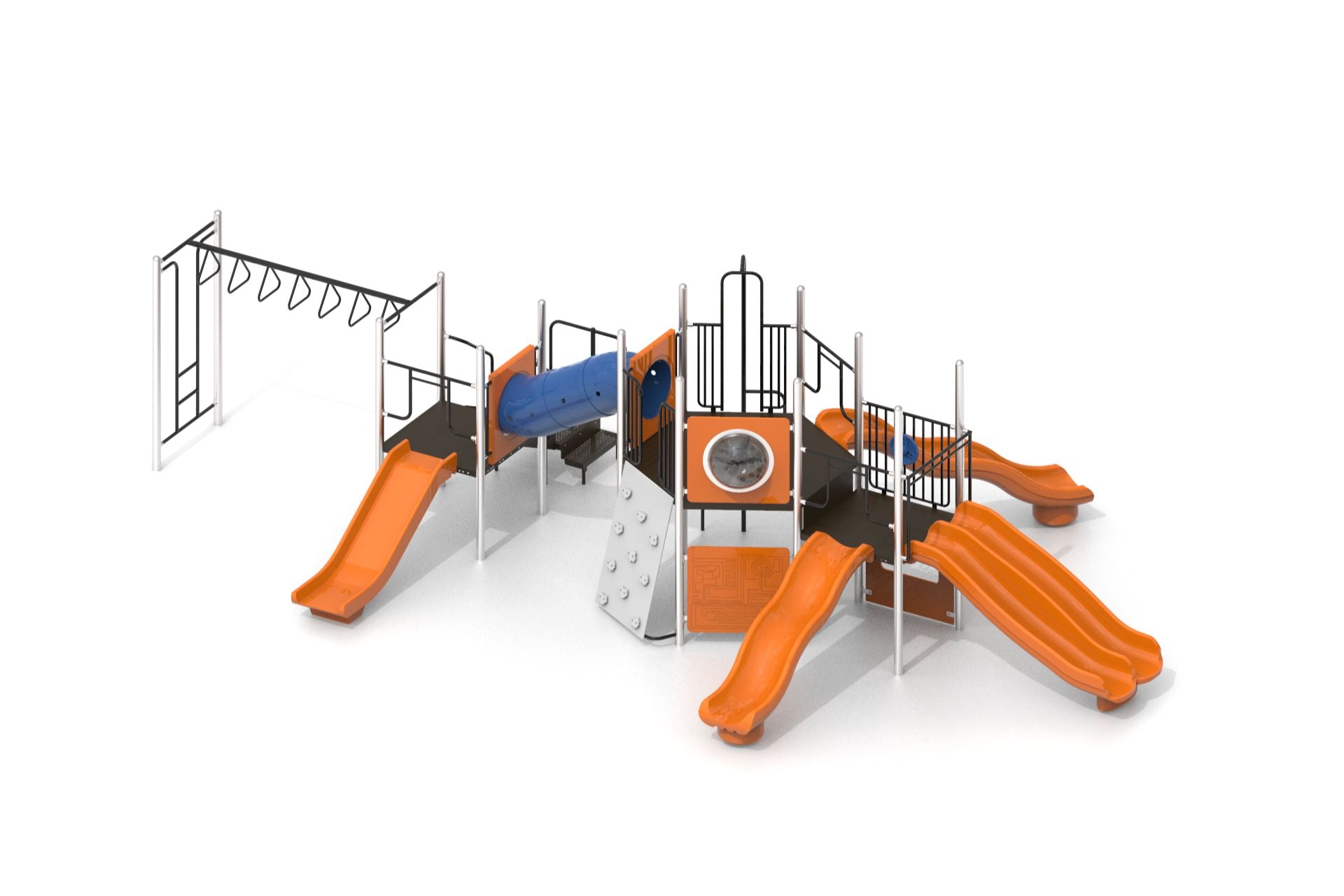 Outdoor playground featuring multiple orange slides, blue crawl tunnel, rock climbing wall, and black metal railings