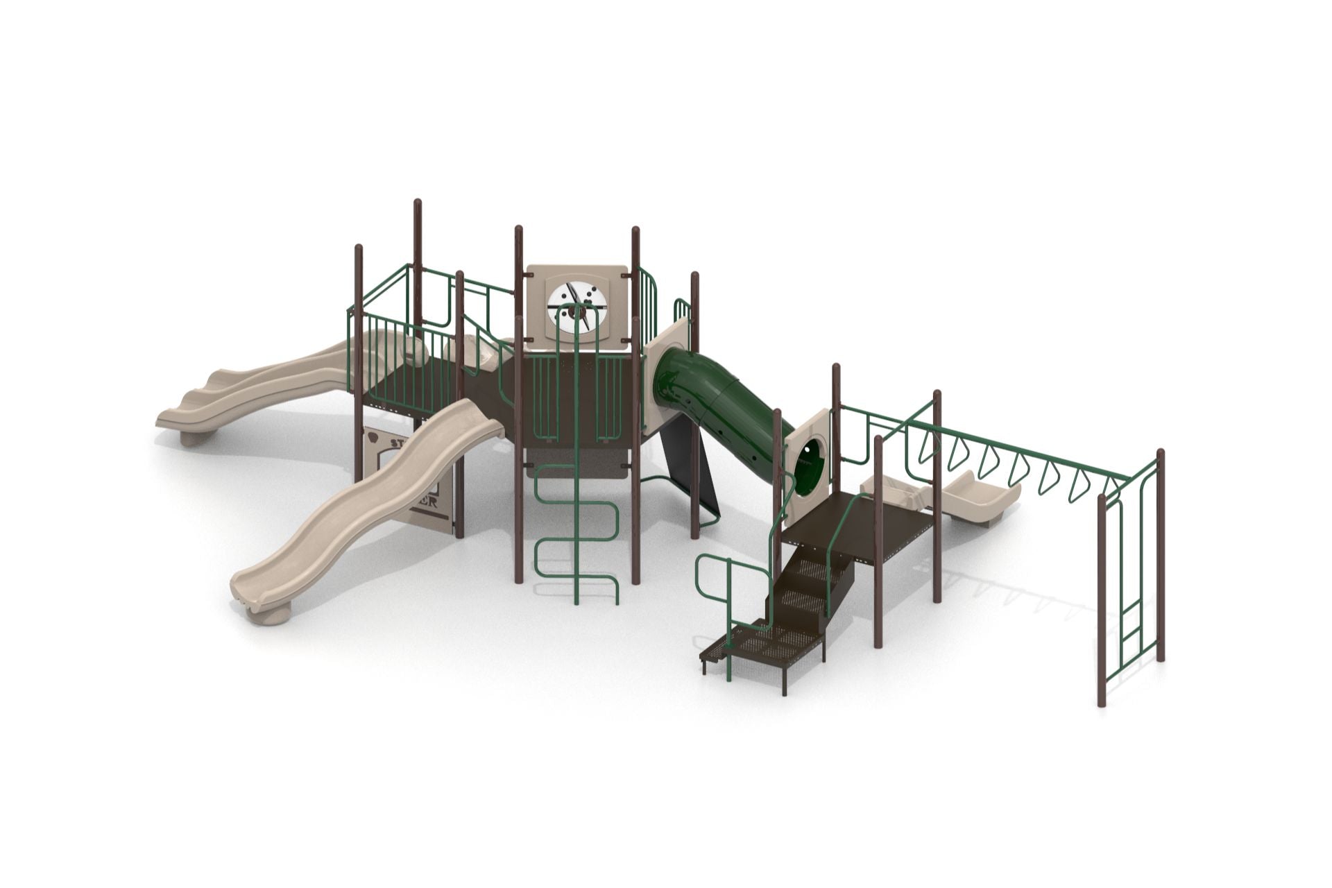 Outdoor playground with beige slides, green climbing bars, tube slide, activity panels, and multiple climbing features