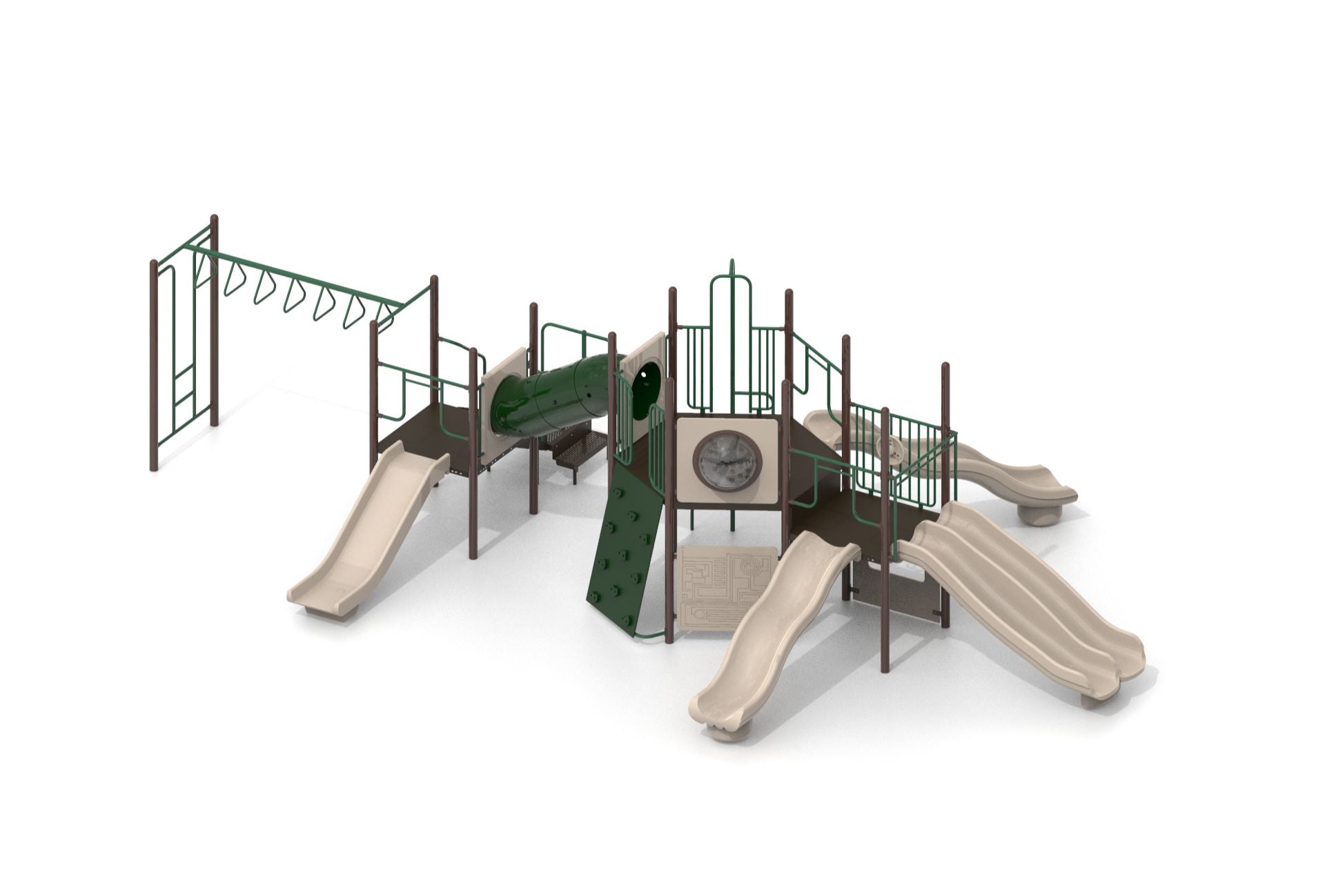 Carlsbad WillyGoat Playground with beige bump wave and triple rail slides, green rock climbing wall, tube tunnel, monkey bars, and natural tones