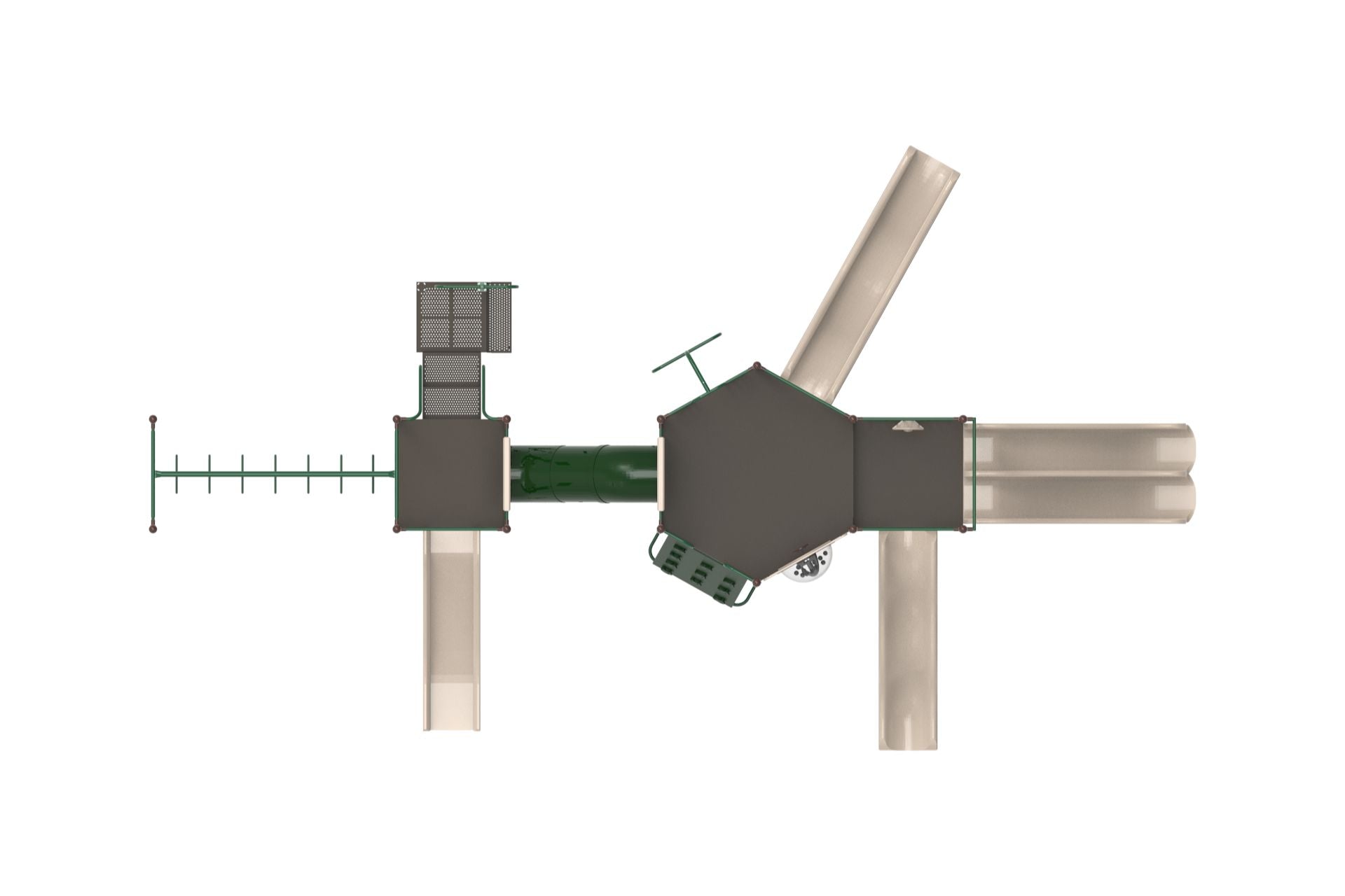 Overhead view of large playground with beige slides, green climbing structures, activity panels, and multiple play features