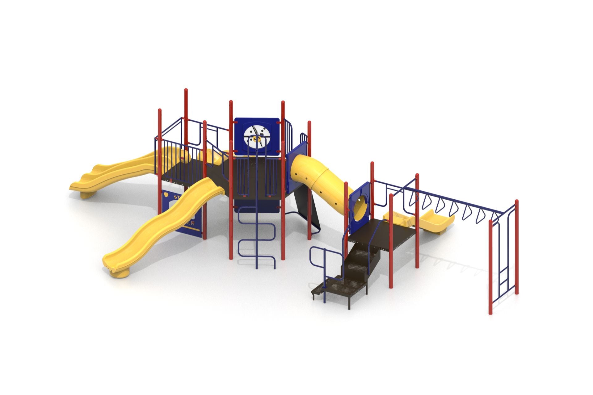 Colorful playground structure with multiple yellow slides, climbing walls, tunnel, monkey bars, and interactive panels