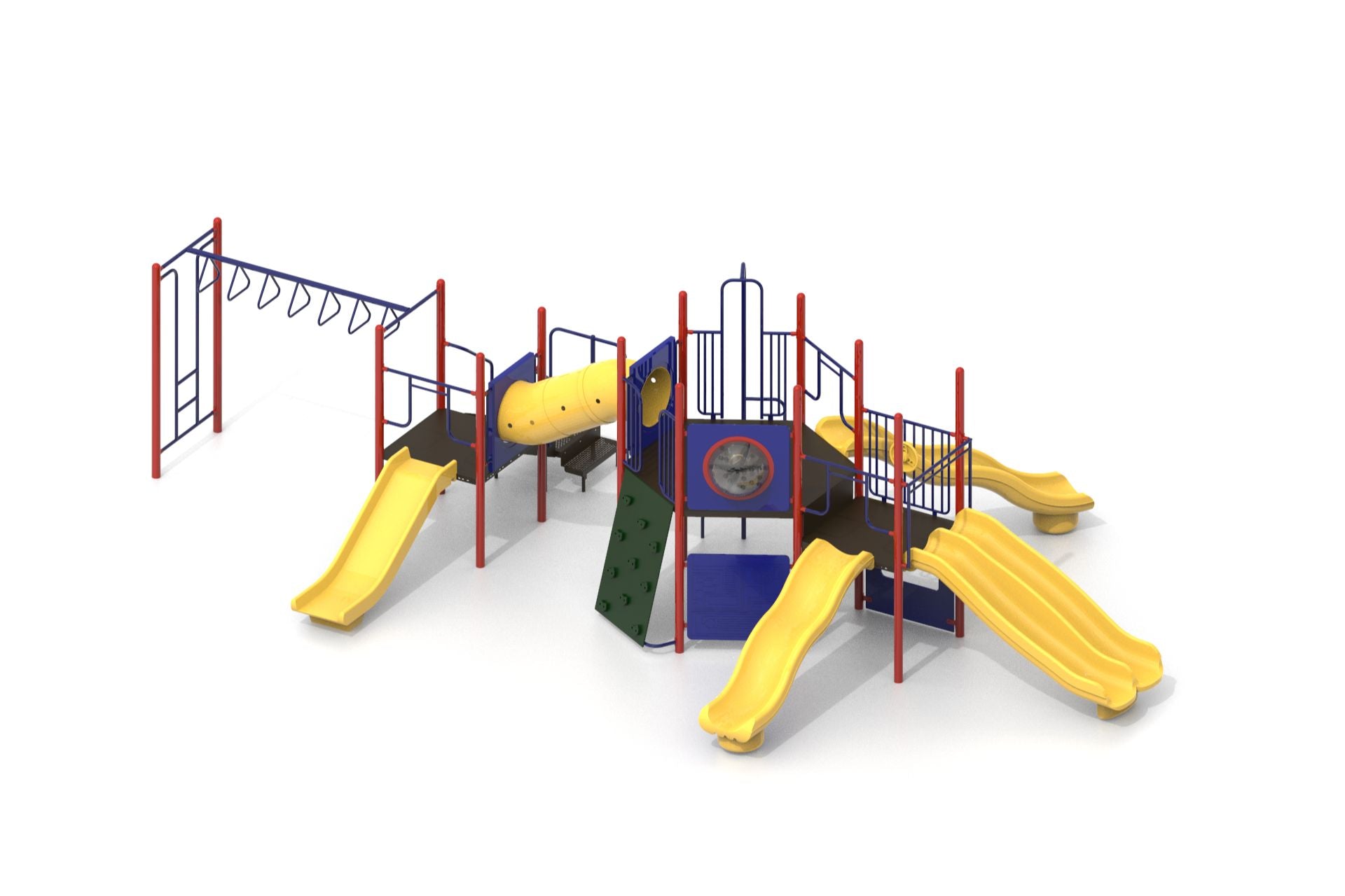 Colorful playground with yellow slides, climbing wall, tunnel, monkey bars, and interactive play panels