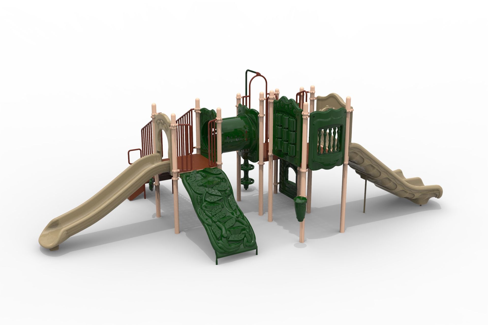 Colorful playground structure with two slides, crawl tunnel, climbing wall, and interactive panels in green and tan tones