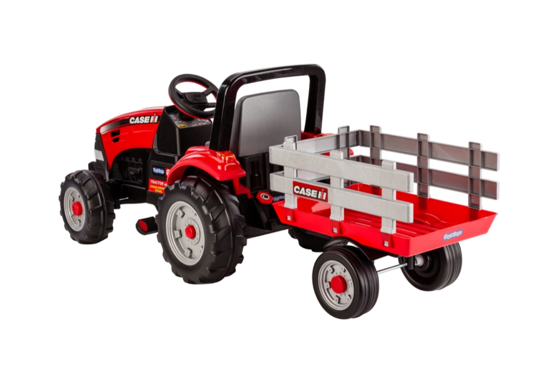 Case IH Lil Tractor And Trailer 6-Volt Ride On Vehicle in bright red with detachable gray trailer and side rails for indoor and outdoor play