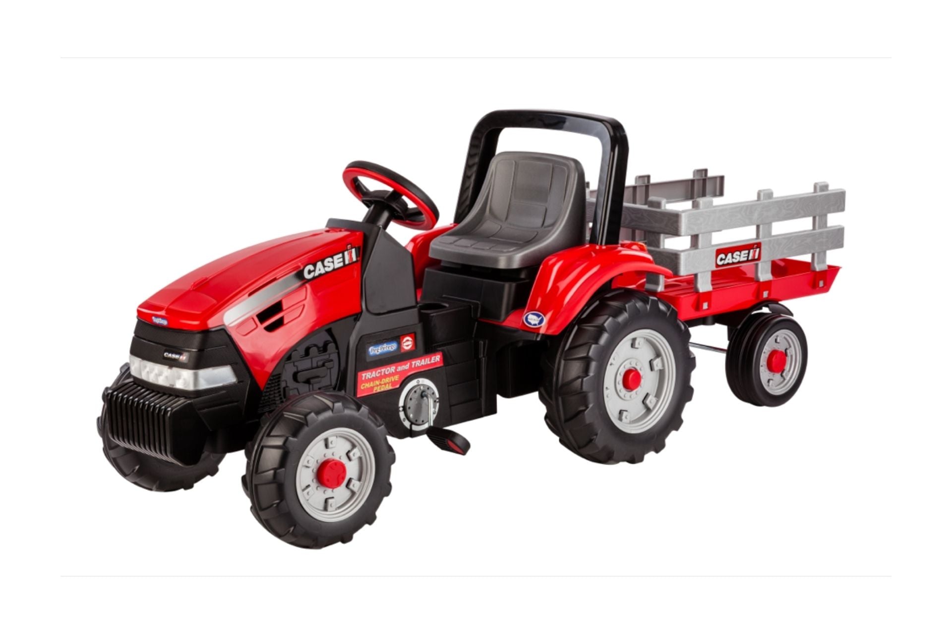 Case IH Tractor And Trailer Pedal Ride-On Vehicle with red body, black seat, large rugged wheels, and detachable gray stake-side trailer