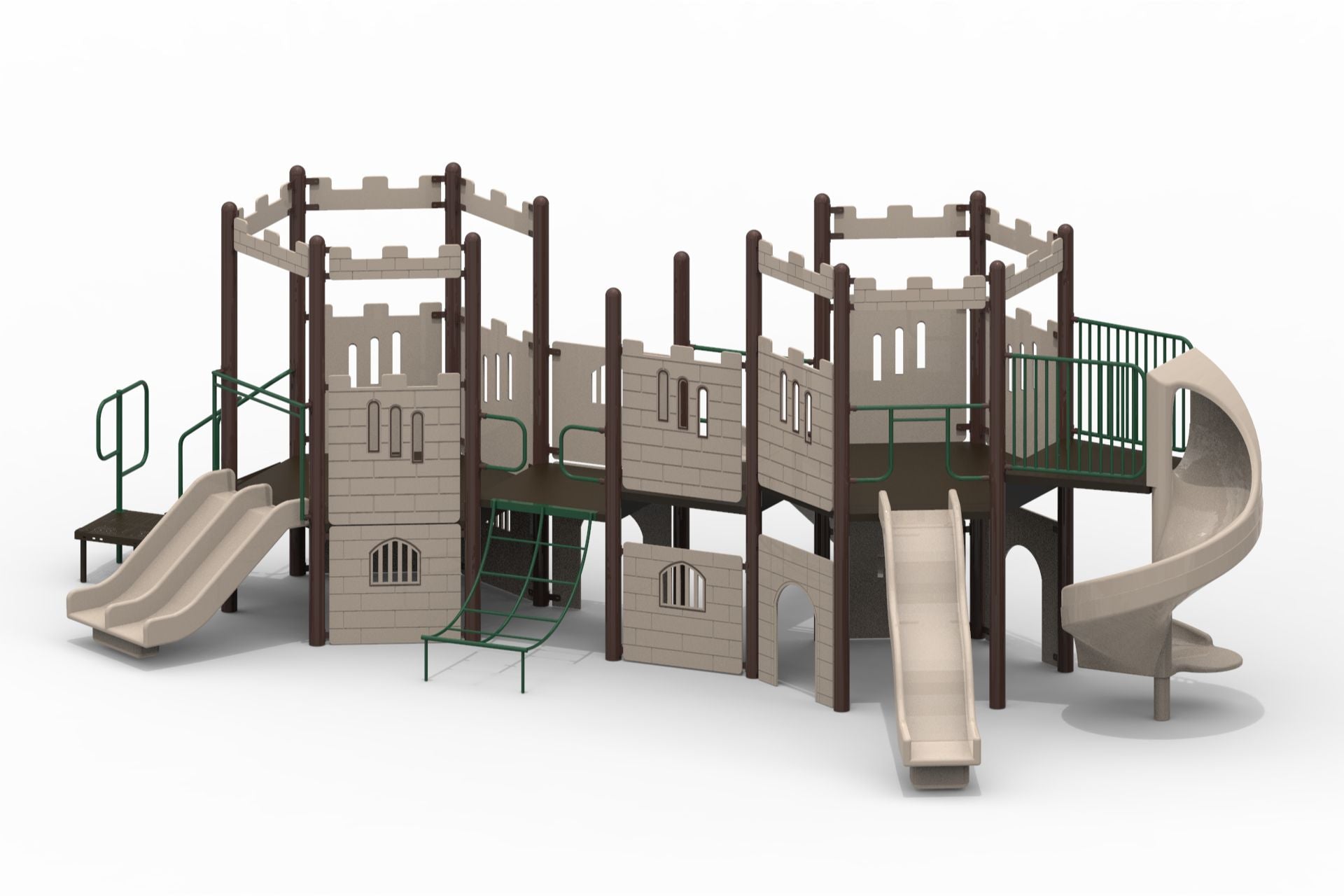 Outdoor castle-themed modular playground with towers, bridges, spiral, straight and double slides, plus chain-net climber