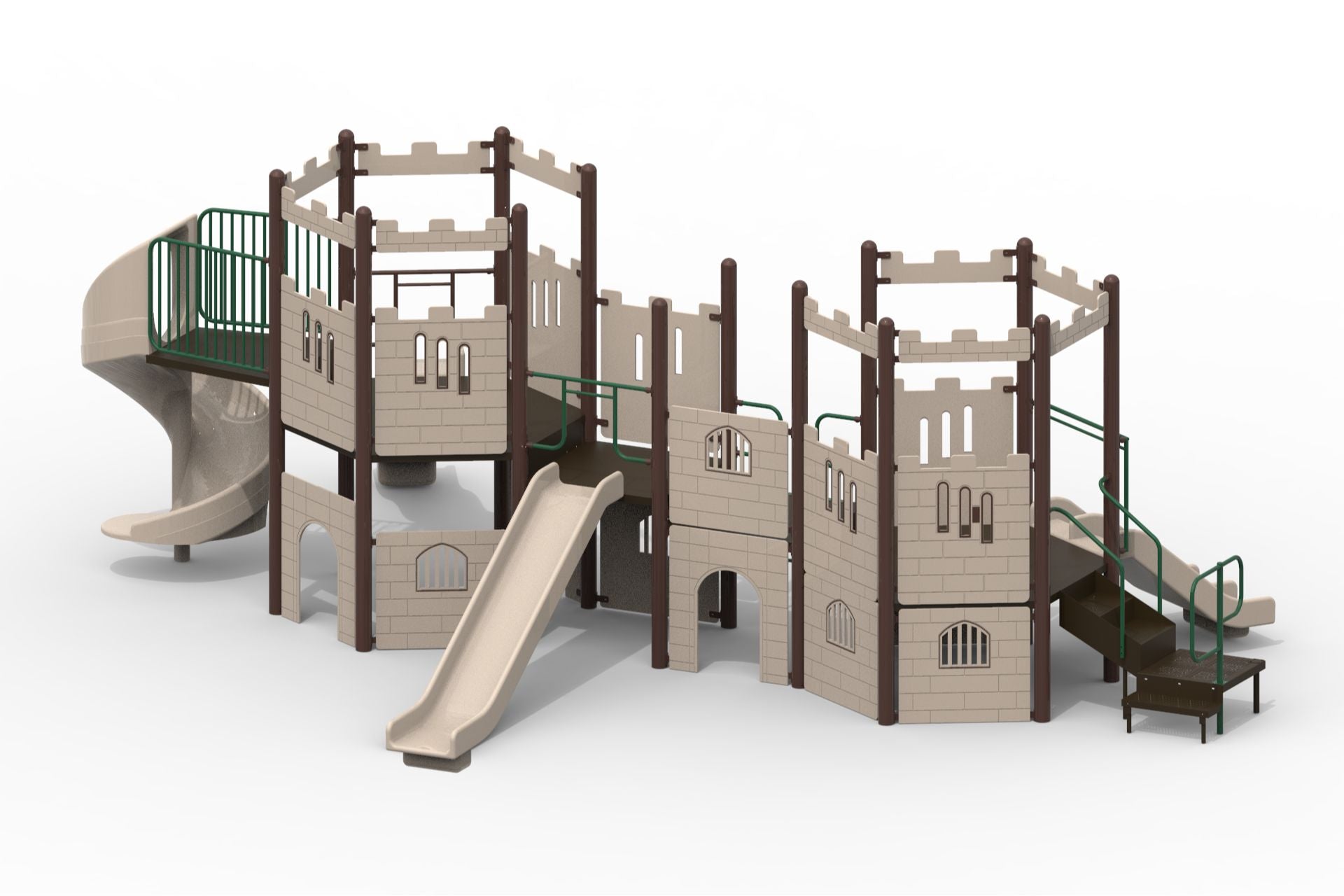 Castle Modular Playground with beige castle-themed panels, multiple slides, stairs, and green railings for active play