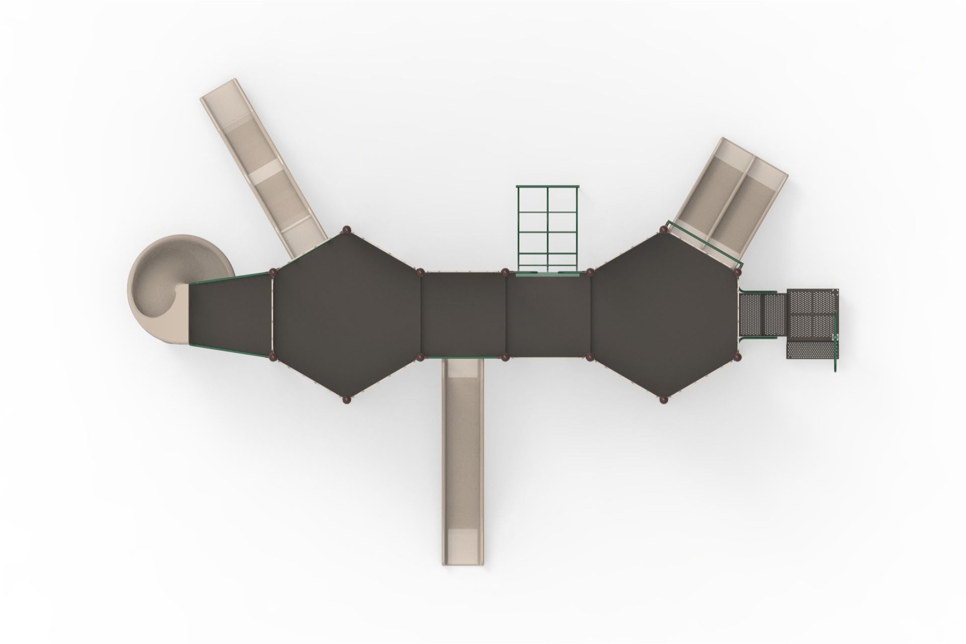 Overhead view of castle-themed modular playground with spiral, double, and straight slides, central chain-net climber.