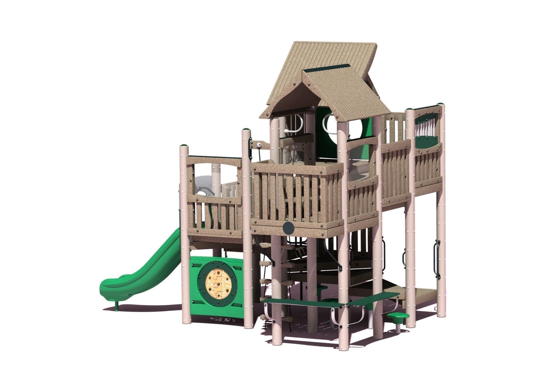 Cedar Play System with green solo chute slide, multiple climbers, playpod pedestals, tan roof panels, and beige posts