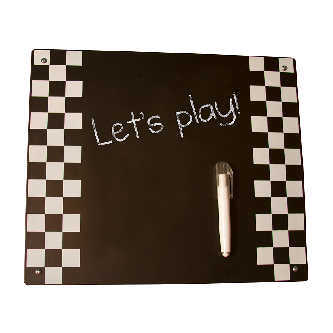 Black metal outdoor chalkboard with white checkered border, magnetic chalk holder attached, and chalk writing "Let's play!"