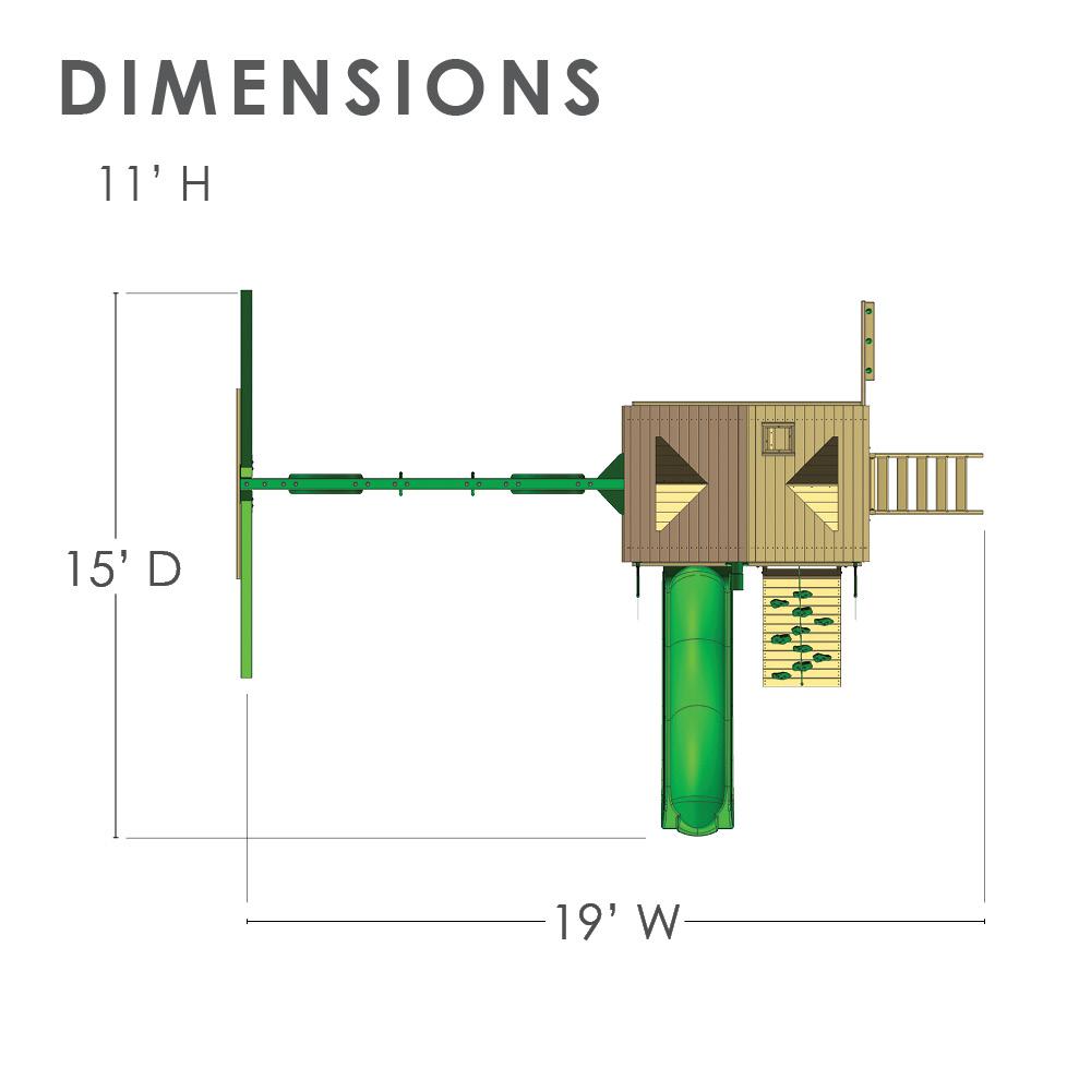 Overhead view of wooden swing set with green tube slide, rock climbing wall, ladder, and two roof dormers