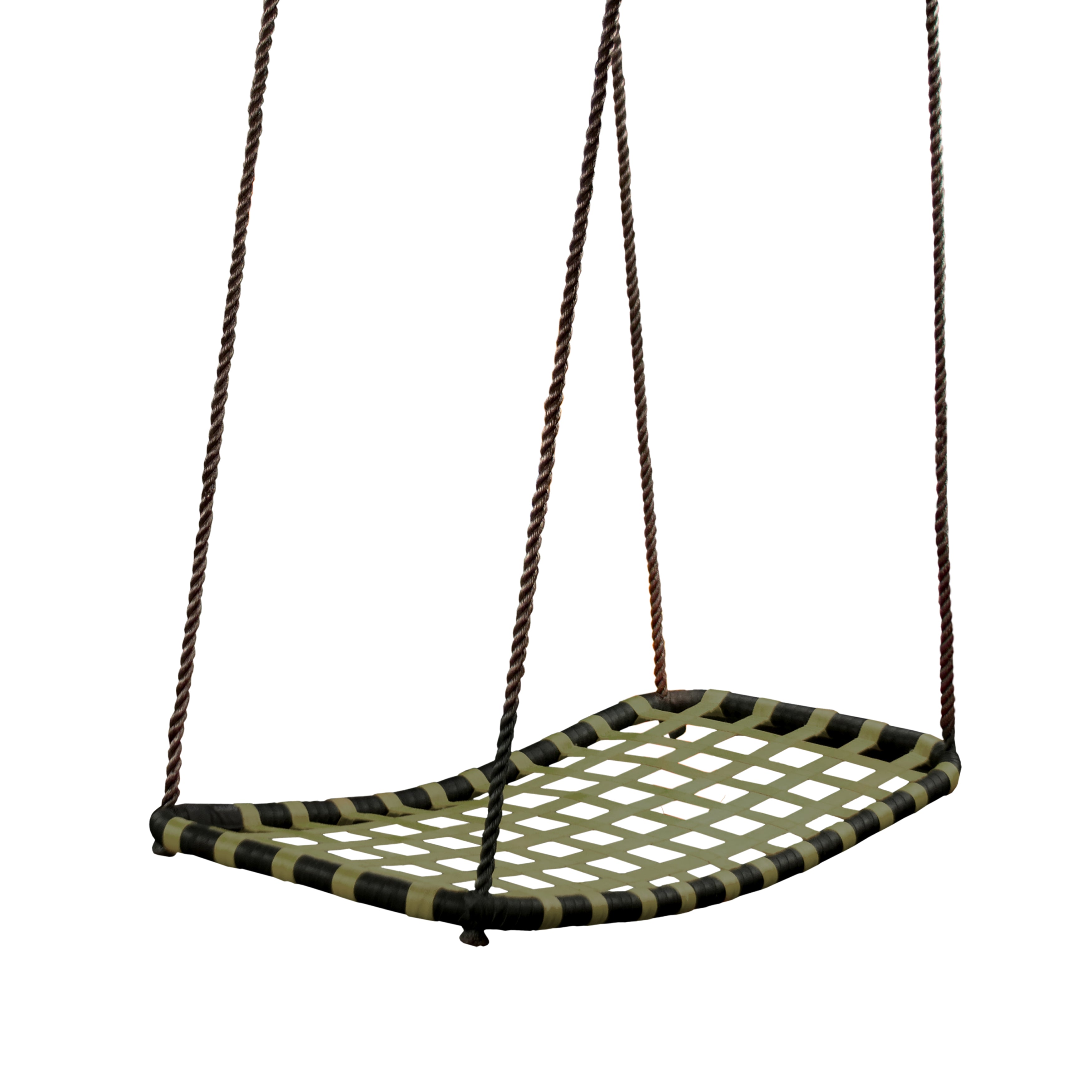 Wide woven black and olive green strap swing suspended by twisted brown ropes for outdoor playsets