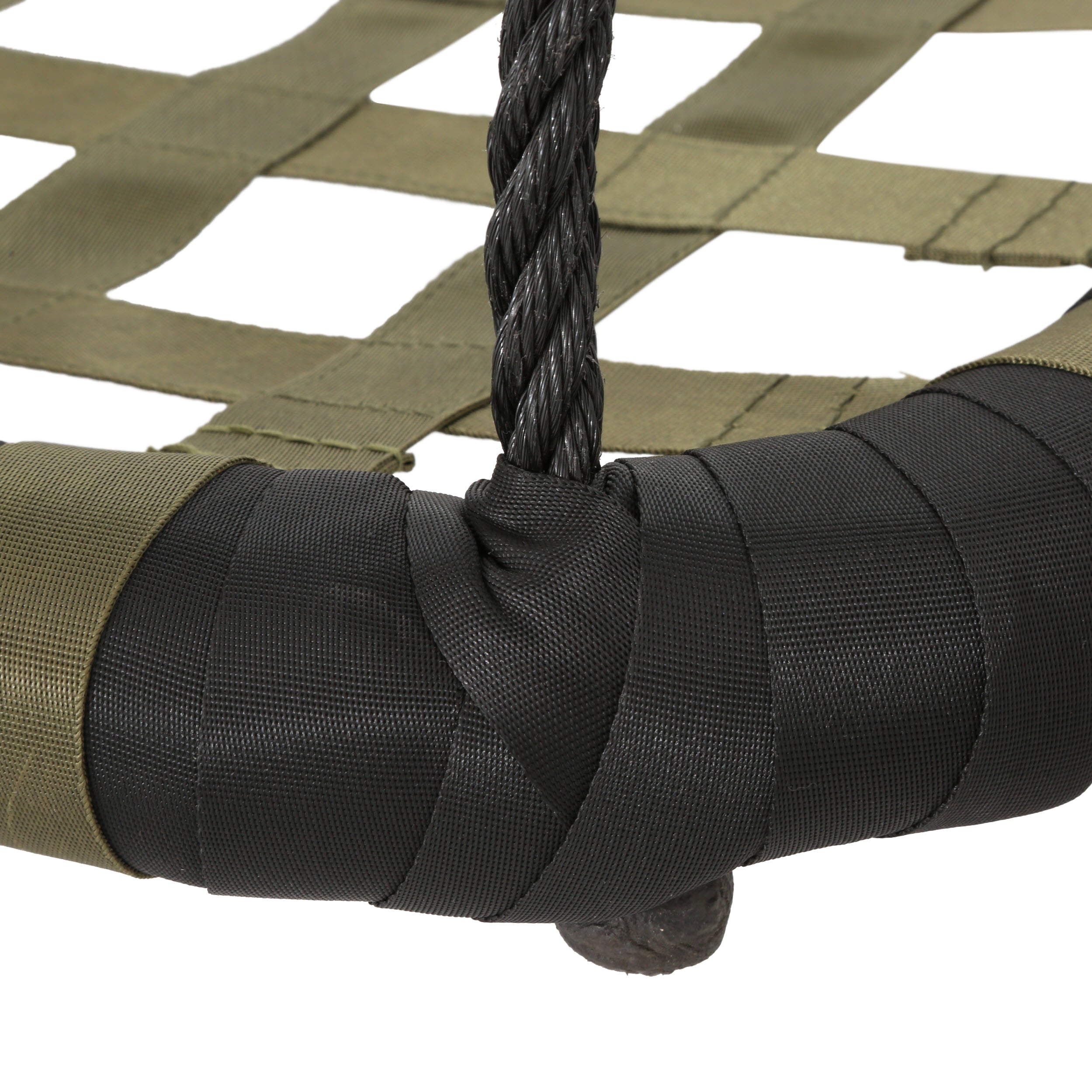 Close-up of woven olive green strap swing seat corner with black rope and reinforced black webbing