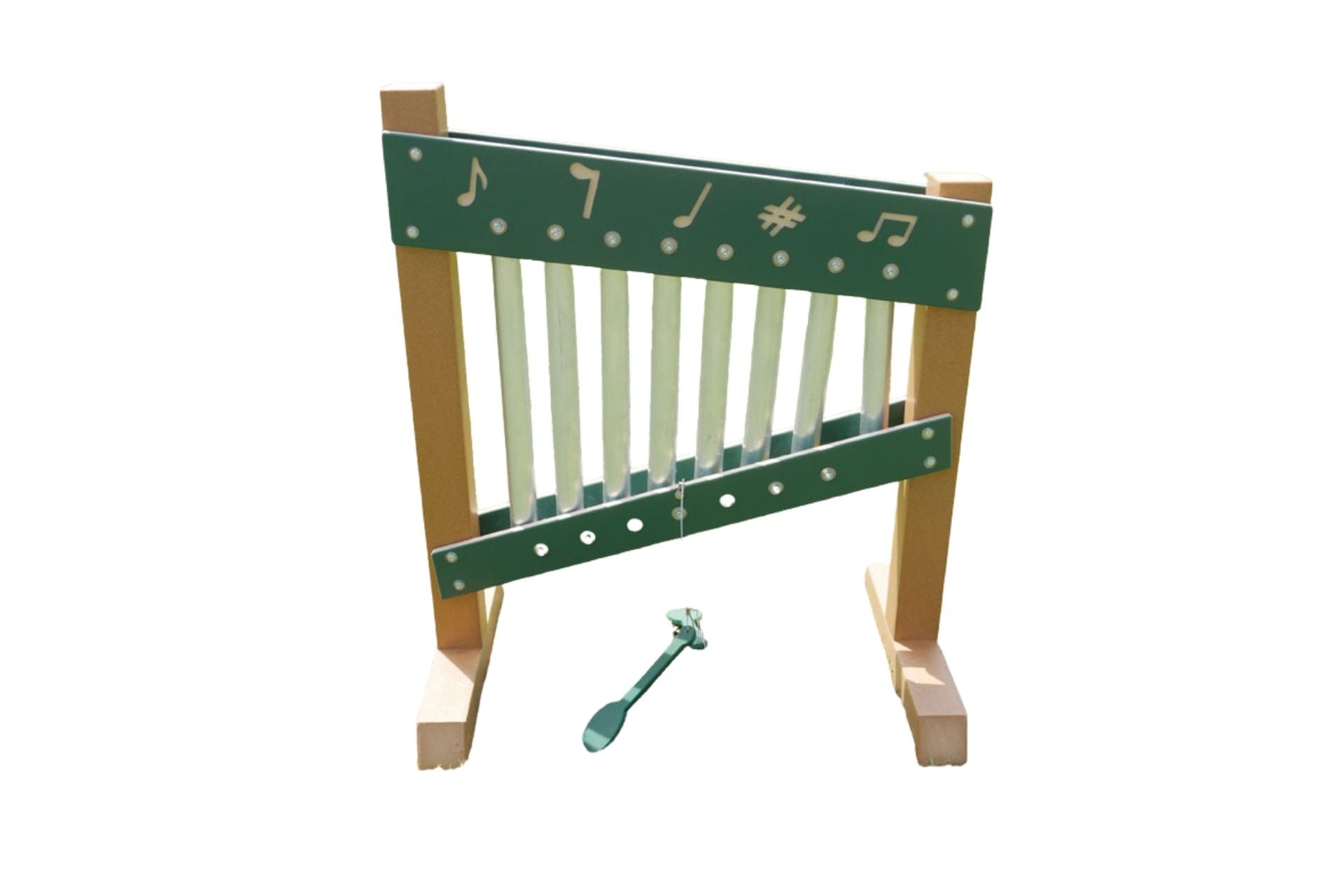 Chime Wall Freestanding ActivityPark Musical with green and beige frame, metal chimes, musical note designs, and mallet for outdoor sensory play