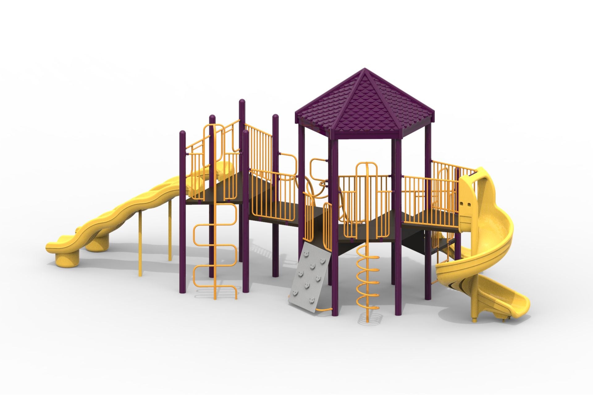 Modular playground with purple posts, yellow spiral and wave slides, climbing walls, corkscrew and U climbers, orange railings