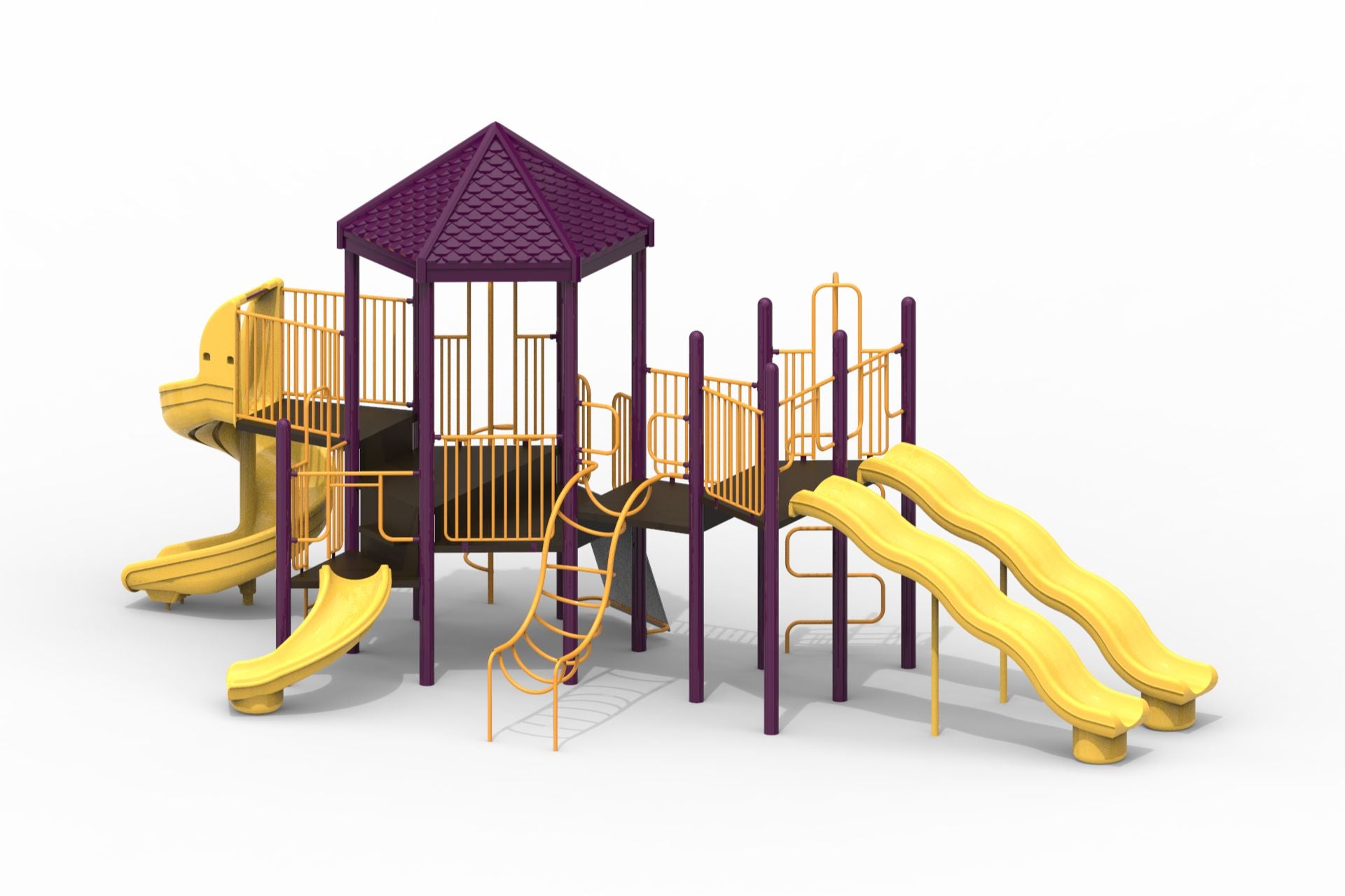 Purple and yellow modular playground with multiple slides, climbing structures, and a hexagonal roofed platform