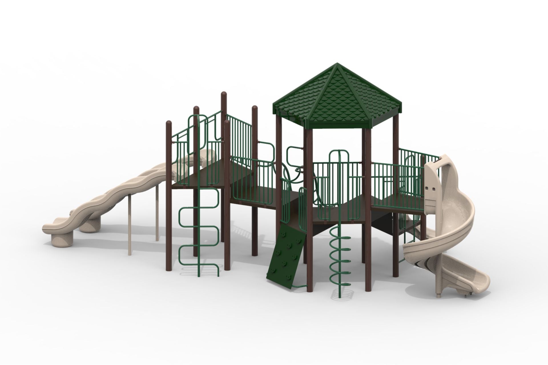 Outdoor modular playground with green railings, brown posts, multiple slides, climbing walls, and a hexagonal roof