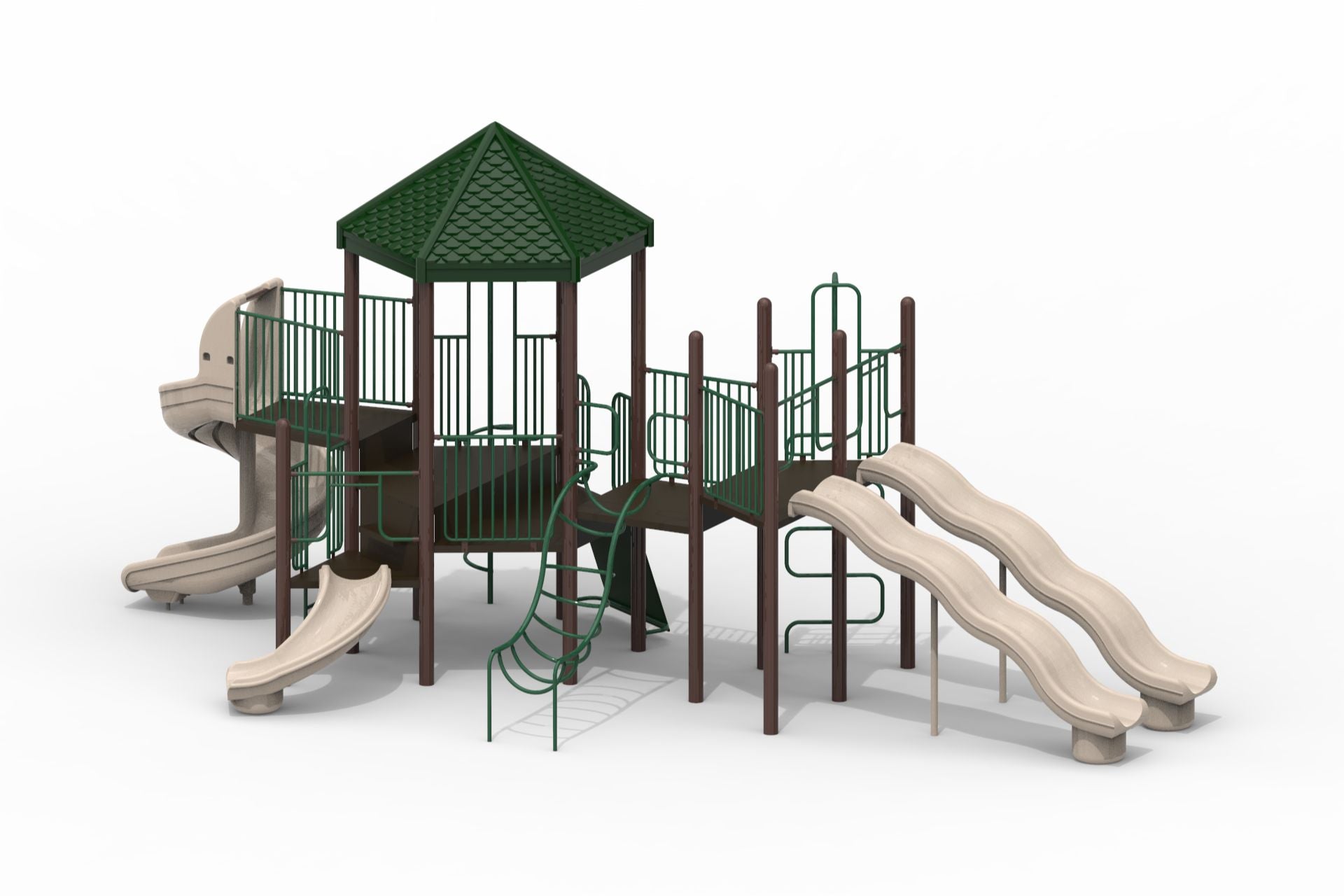 Christel Modular Playground with natural beige slides, green railings, brown uprights, spiral and wave slides, and climbing structures