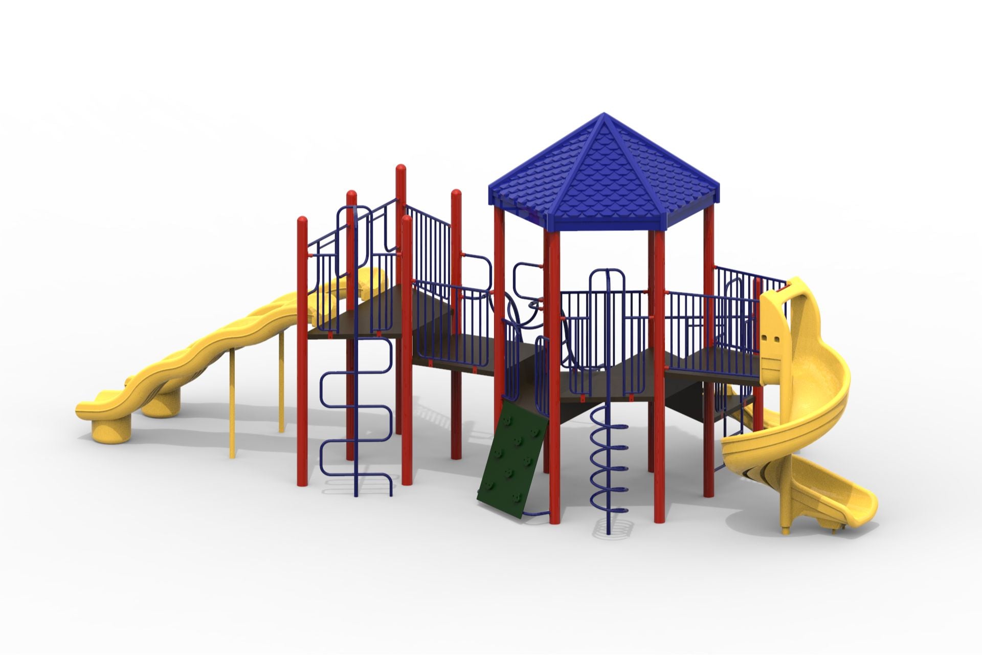 Modular playground with red posts, blue railings and roof, yellow slides, climbing wall, spiral and corkscrew climbers