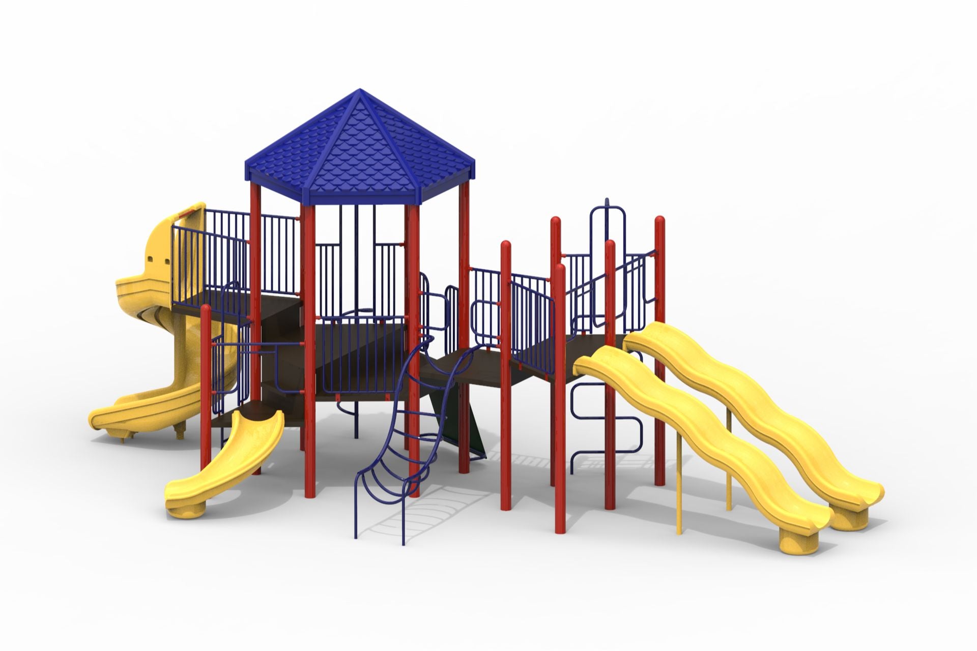 Colorful modular playground with yellow slides, red uprights, blue railings, spiral and corkscrew climbers, and rock wall.