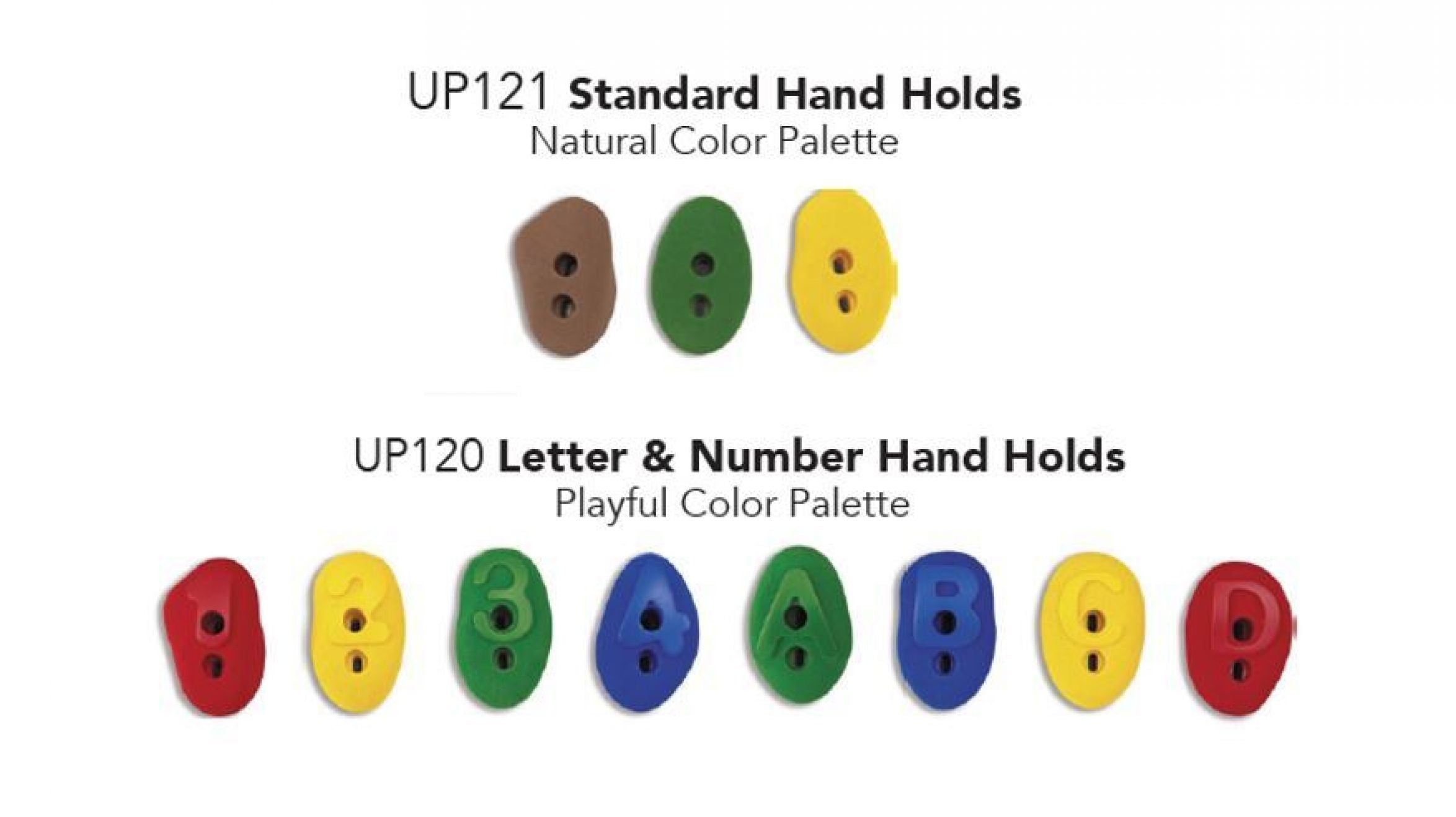 Colorful natural-shaped climbing hand holds with letters and numbers for children's play structures.