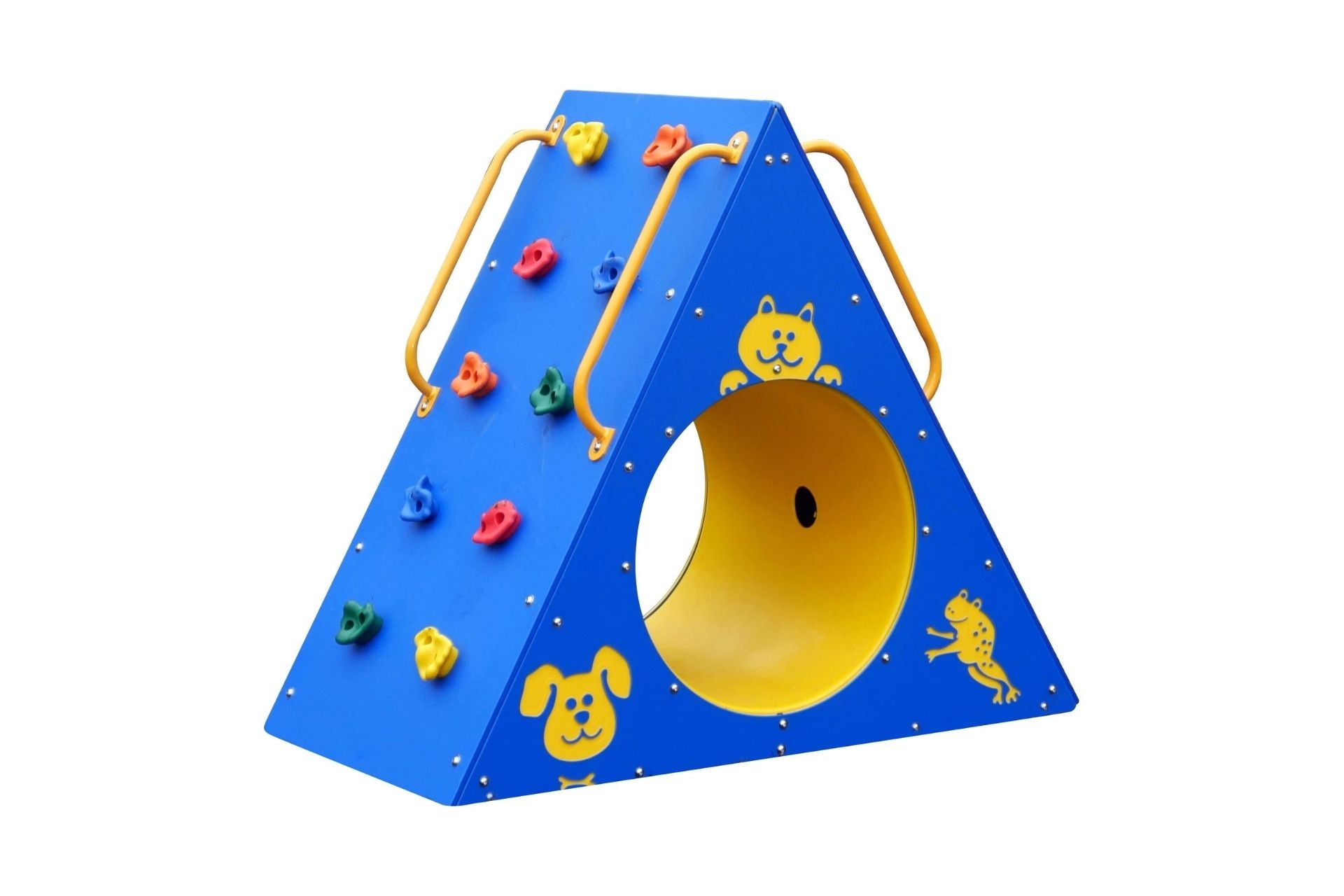 Climbing Wall with Tunnel featuring blue triangular frame, colorful climbing holds, yellow tunnel, and animal graphics for outdoor play
