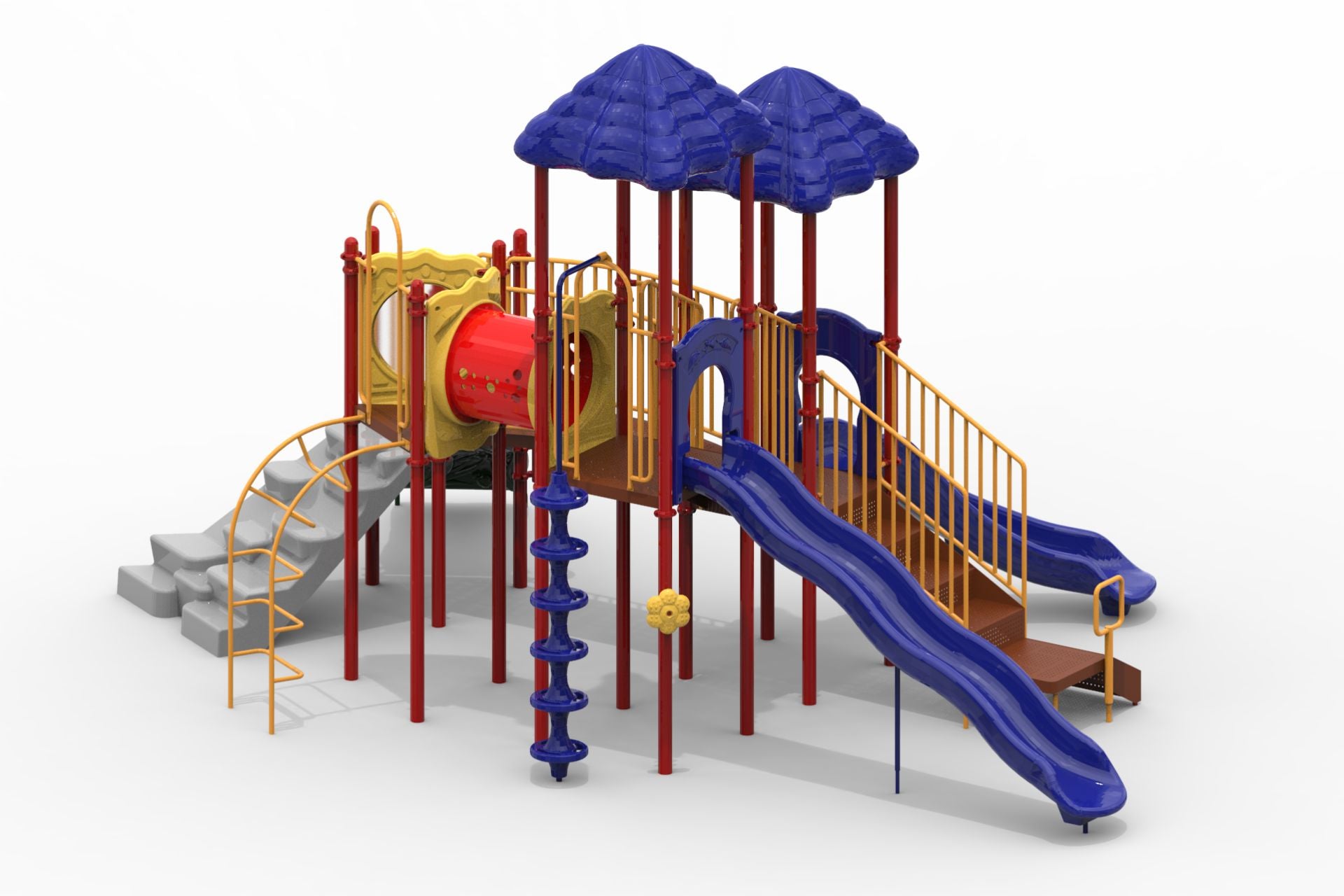 Colorful playground structure with two blue slides, red tunnel, two blue roofs, yellow railings, and multiple climbing features.