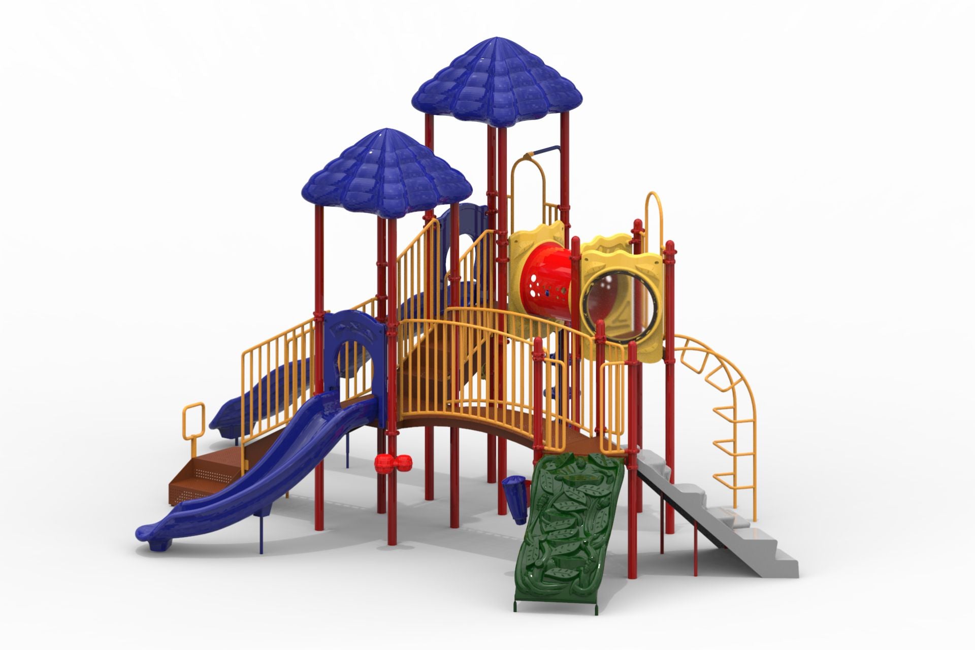 Colorful playground structure with two blue roofs, slides, climbing wall, tunnel, and stairs for active play and exploration
