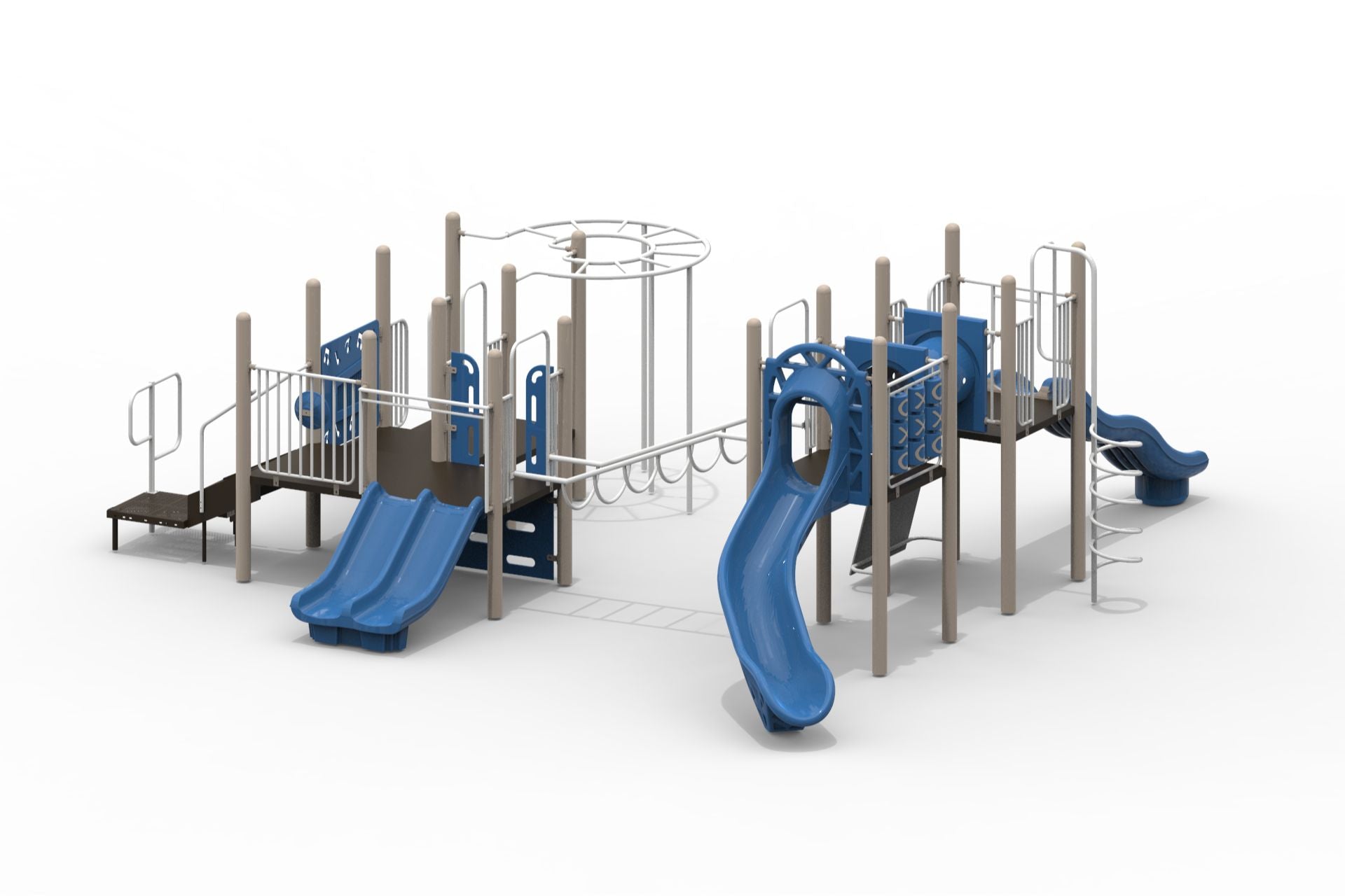 Outdoor playground with multiple blue slides, climbing walls, tunnels, and interactive panels on beige posts