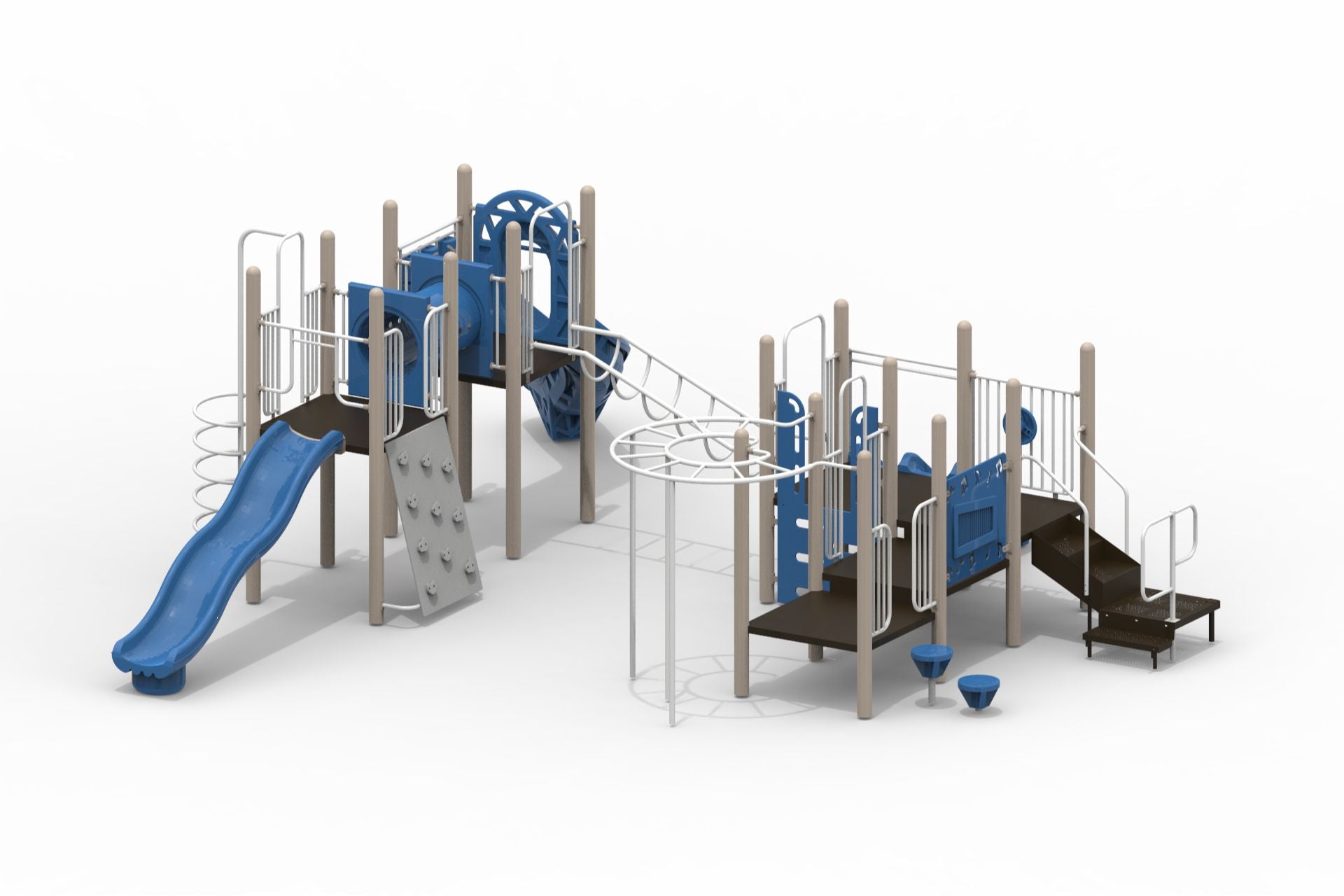 Outdoor playground structure with blue slides, climbing walls, tunnels, multiple platforms, and white metal railings