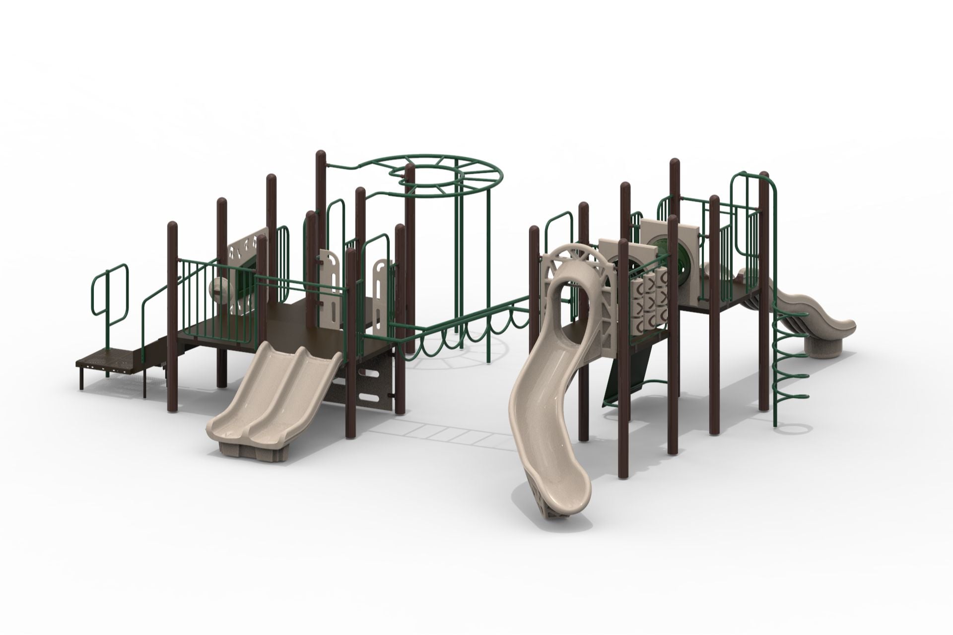 Large natural-toned playground structure with multiple slides, climbers, and activity panels in green and brown tones