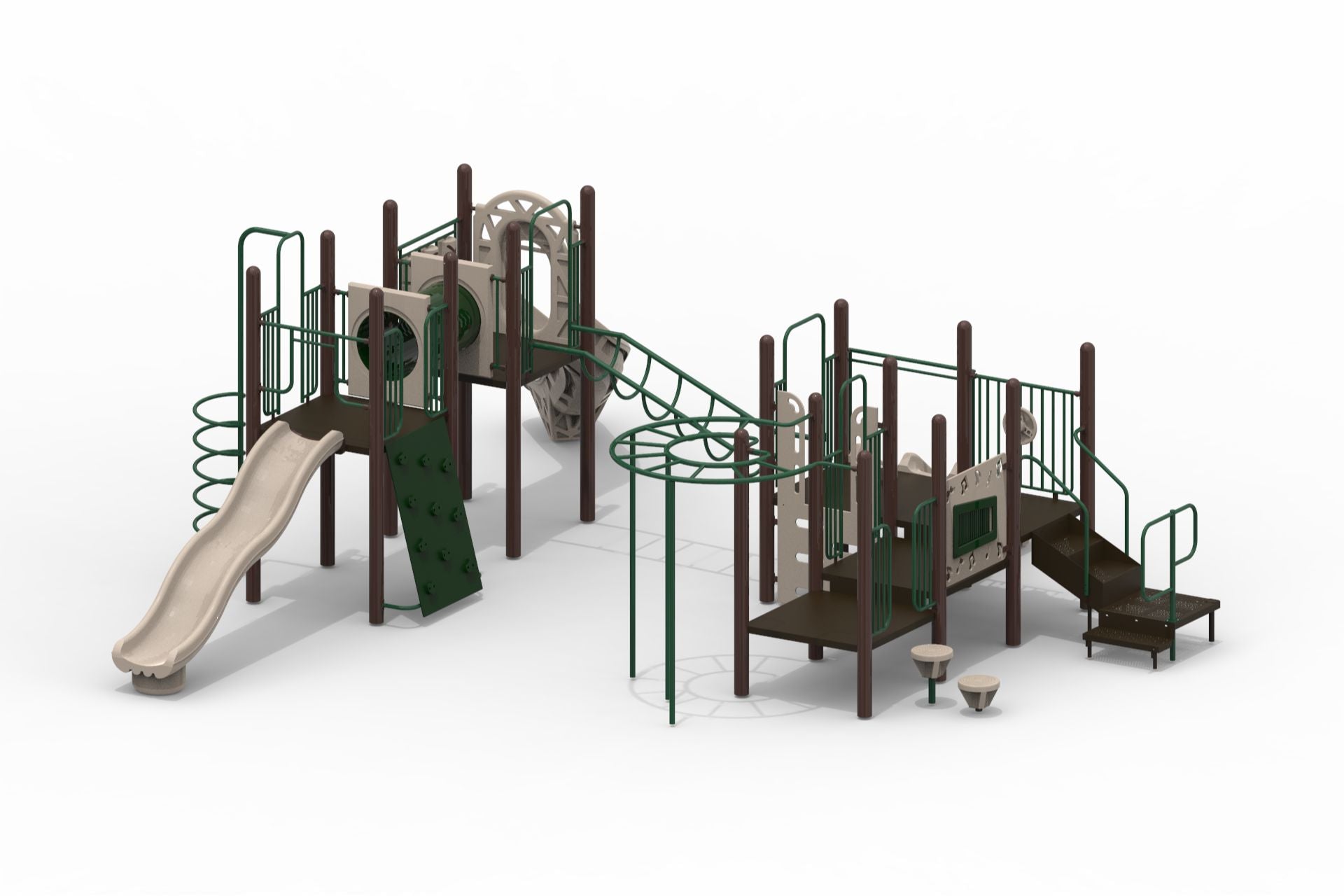 Congaree Triple Deck WillyGoat Playground with natural tones, multiple slides, climbers, activity panels, and outdoor play structure features